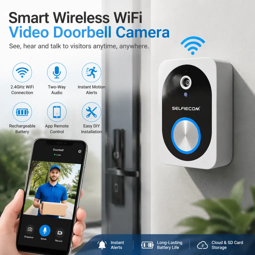 Smart Wireless WiFi Video Doorbell Camera, App Remote Control with Two‑Way Audio, Instant Motion Alerts, Rechargeable Battery, Easy DIY Home Installation