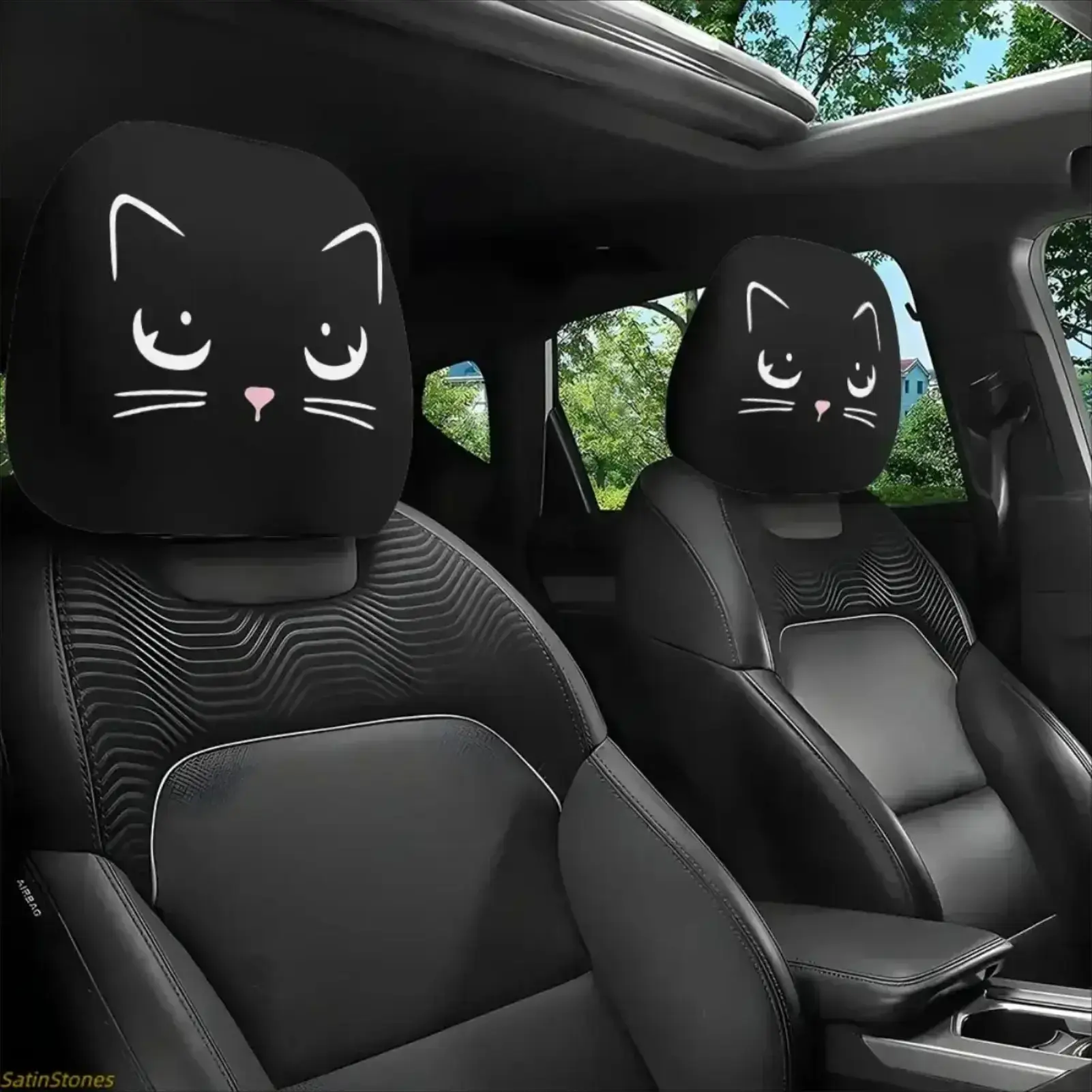 2-Pack Cute Cat Car Headrest Covers, Cartoon Cat Print Seat Headrest Protectors, Soft Universal Fit Car Accessories for Cat Lovers, Auto Interior Decor