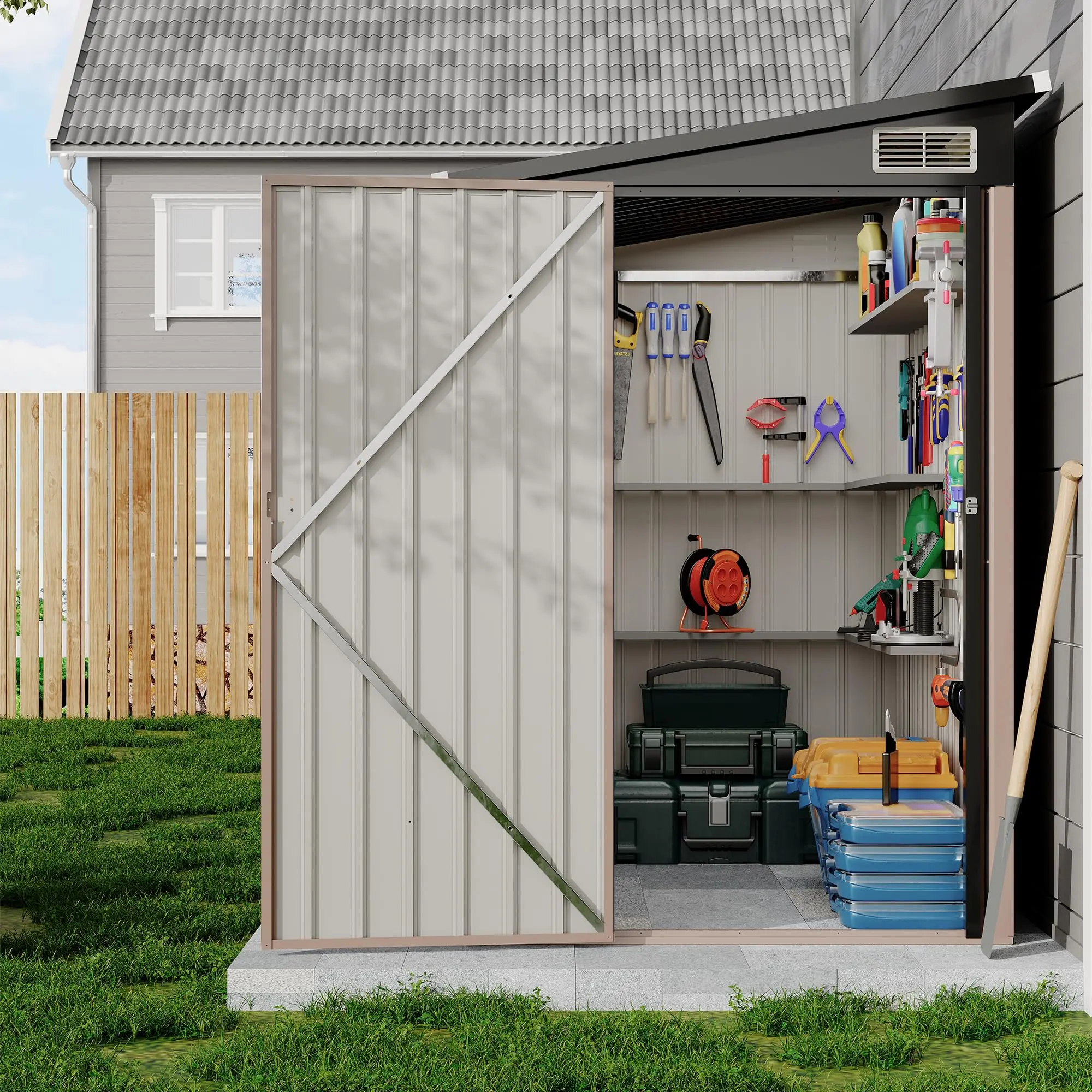Save Your Space! 4x8 FT Heavy-Duty Lean-To Metal Shed, Wall Side Storage for Garden Tools.