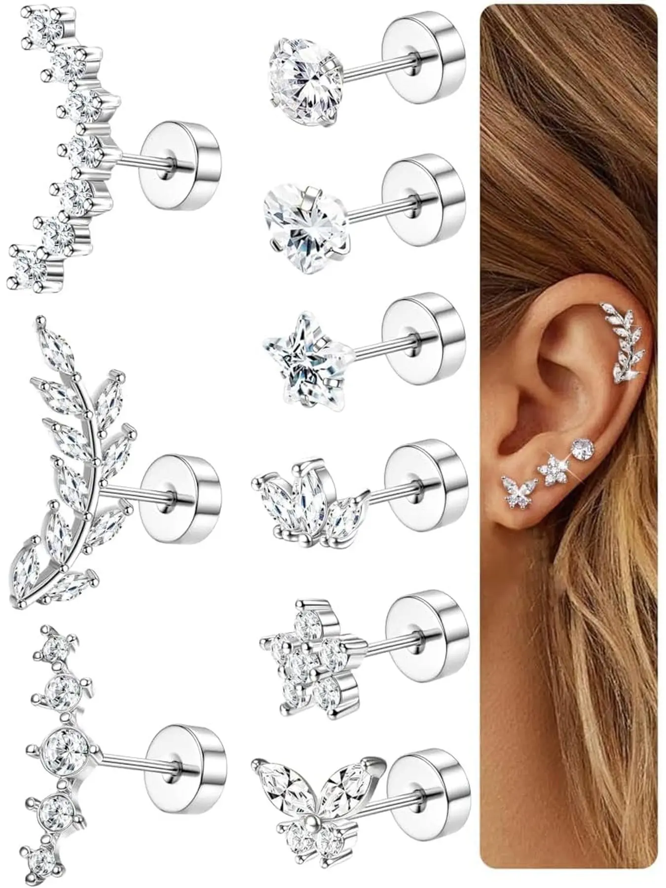 9Pcs Helix Piercing Jewellery Flat Back Earrings for Women Cartilage Helix Earring, Gold Silver Earrings, Surgical Steel Hypoallergenic Earrings Set, Conch Tragus Piercing Jewellery, Earrings Studs