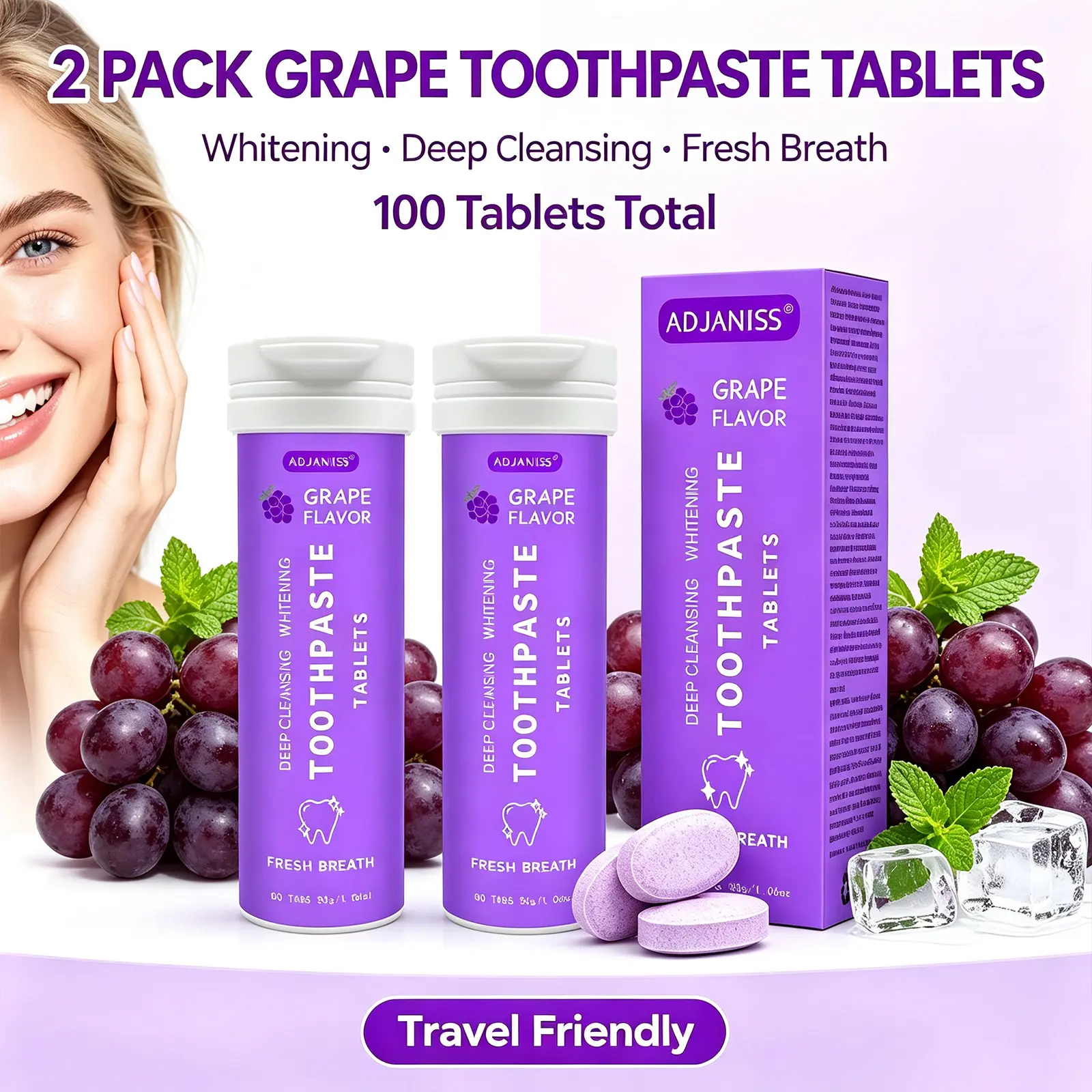Adjaniss Toothpaste Tablets, Solid Toothpaste Tablets, Gentle Gum Care, Fresh Breath, Prevents Tartar Buildup, Keeps Teeth Clean, 30g Bottle, Oral Hygiene Essentials