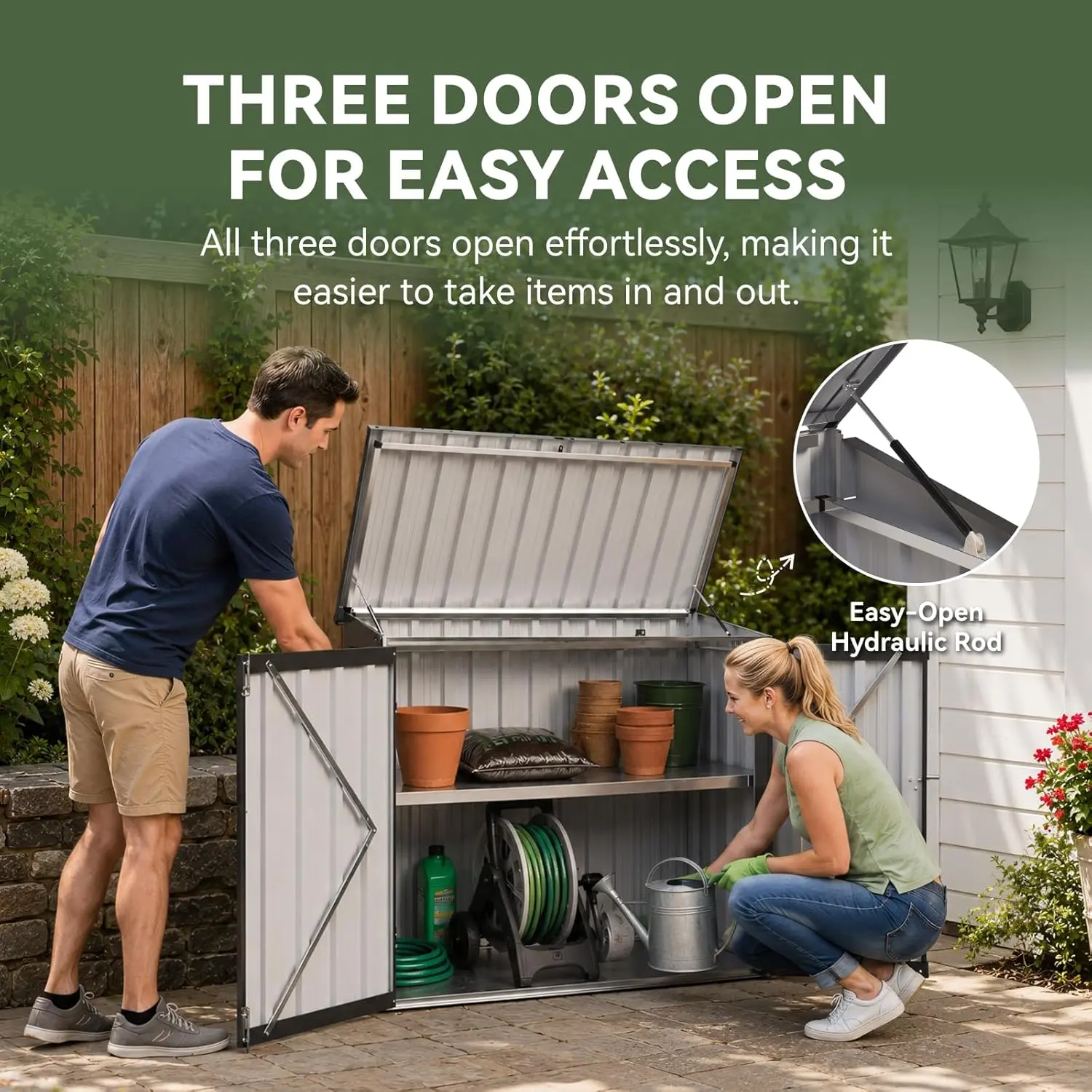 Rectangular 4x2FT Black All-Weather Metal Outdoor Storage Shed with Galvanized Floor, Hydraulic Lid, Lockable Doors, 2-Person Access for Garden, Patio, Garage, Two-Person