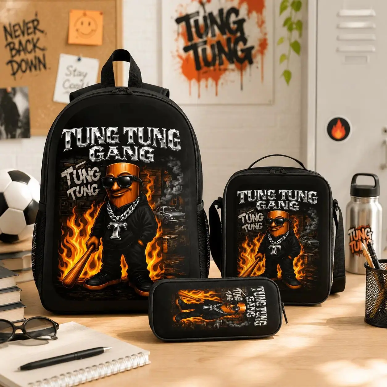 Tung Tung Gang Sahur Bold Graphics Backpack with Lightweight Adjustable Shoulder Straps & Chain Detail, Stylish School/Work Commuter Essential, TikTok Viral Back-to-School Gift, Casual Printed Backpack, College School Backpack
