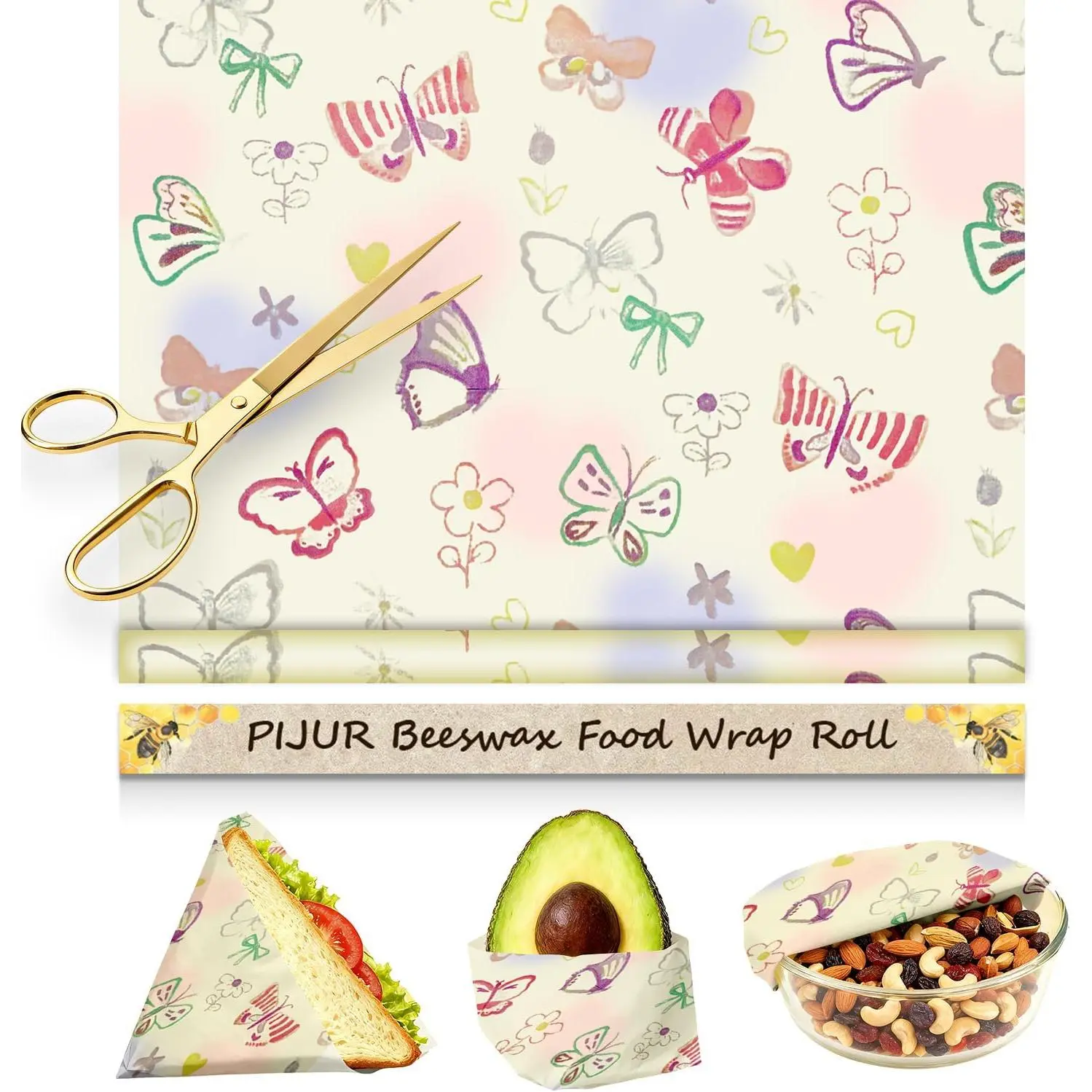 Beeswax Wraps For Foods, Cheese, Sandwich & Bread- 13 x 39'' Cut to Size -   Storage Alternative to Plastic Wrap & Cheese Paper (Butterfly Pattern001, 13x39'')