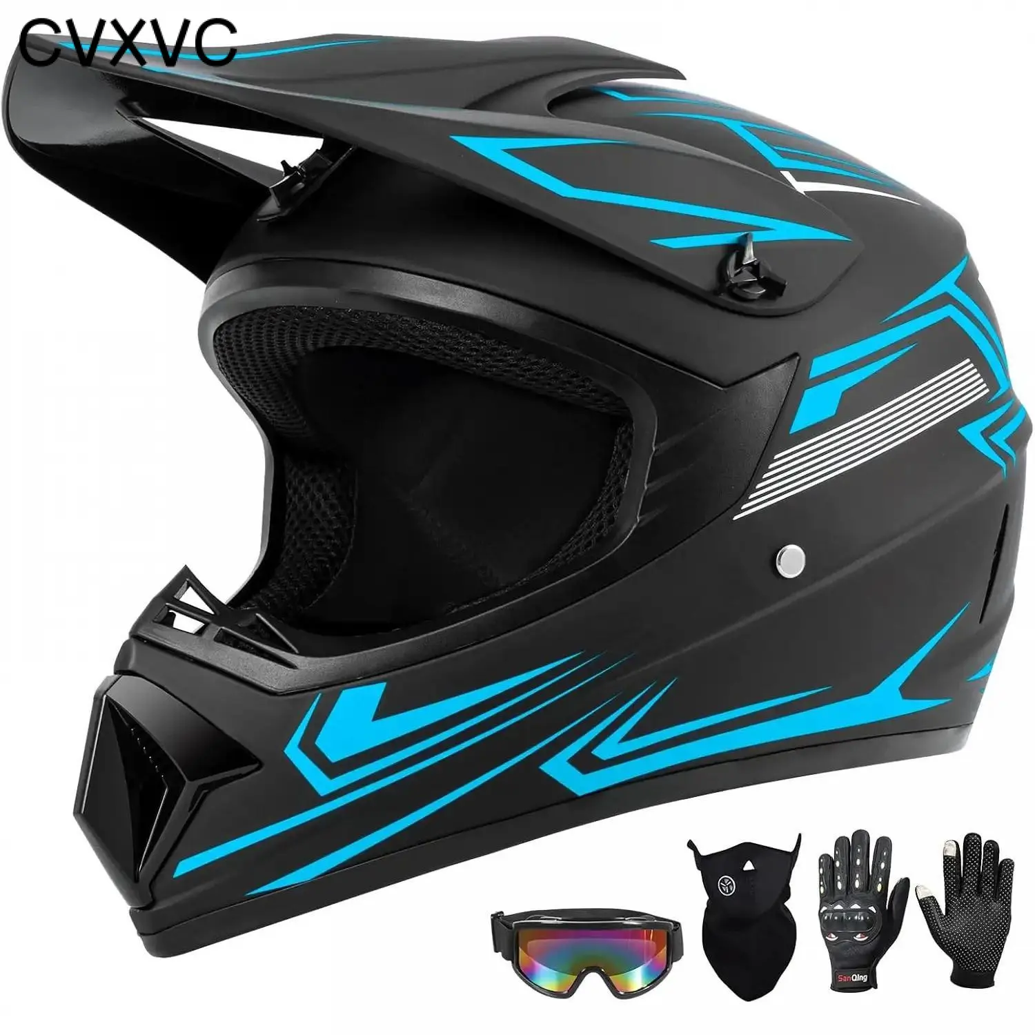 CVXVC Motocross Helmet is suitable for adults, youth, kids,Fit for ATV, motocross, street bike, dirt bike, motorcycle, mountain bike and other outdoor riding Helmet Off-Road 4 Wheel Off-Road Vehicle Helmets with DOT Certified 4-Piece Set