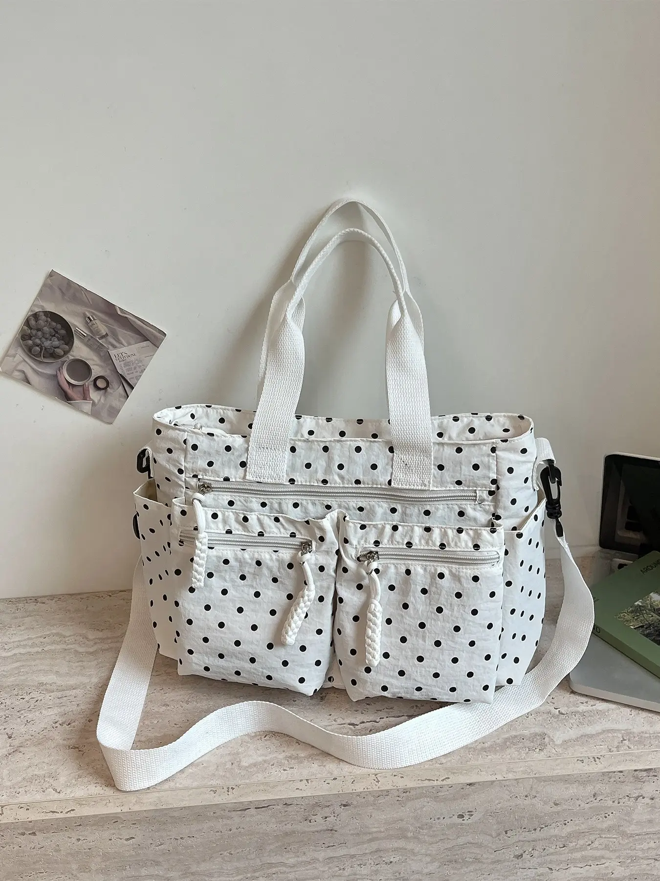 1pcMulti pocket tote bag with polka dot and soft fabric, detachable and adjustable crossbody shoulder strap, large capacity single shoulder handbag suitable for students to go to school, go shopping, and commute to work