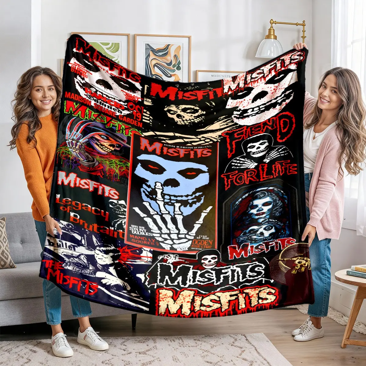 Misfits Punk Band Vintage Poster Collage Flannel Blanket, Background Horror Skull Print, Gothic Home Decor Gift for Music Fans
