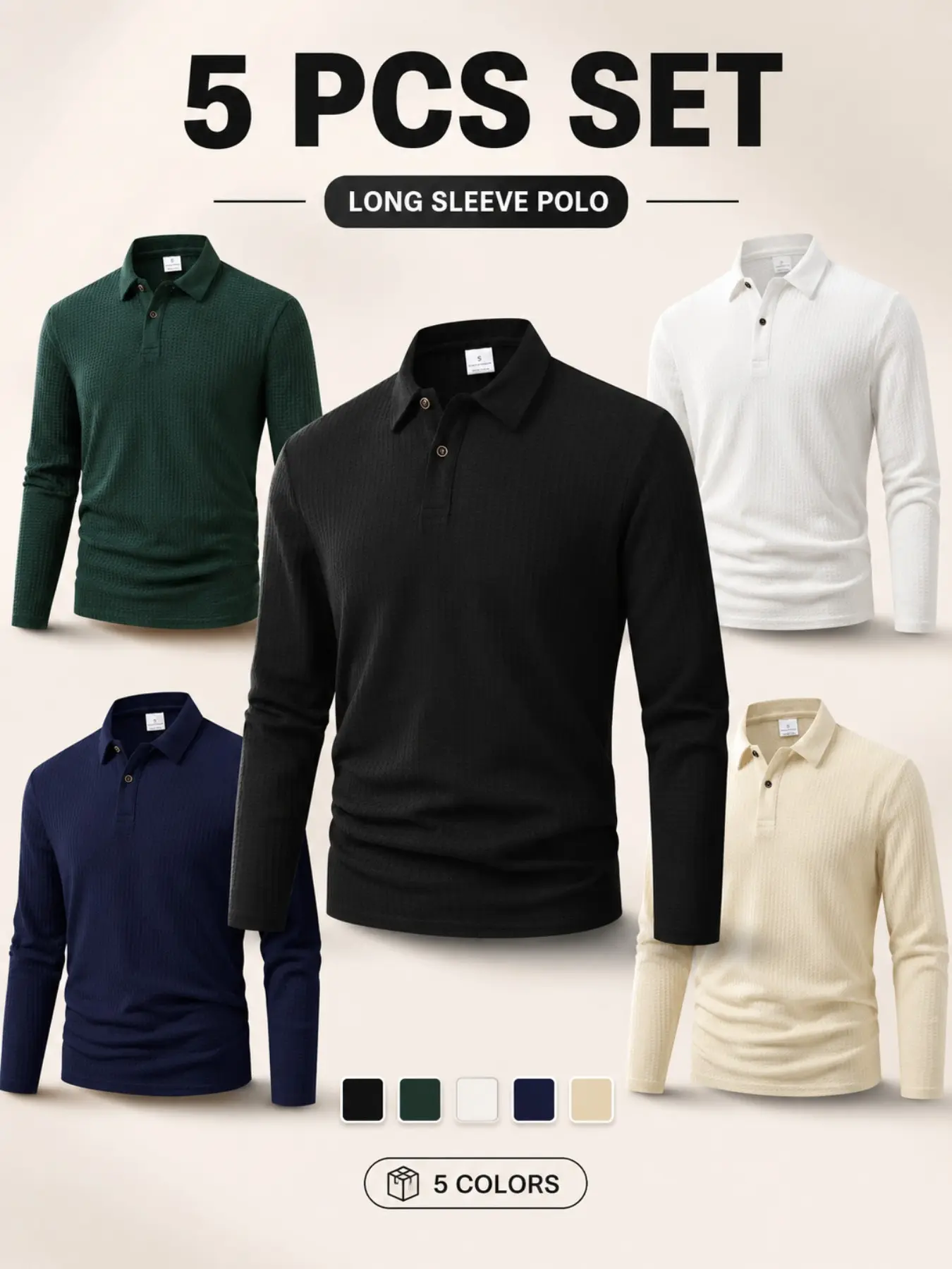 Men's Waffle Texture Long Sleeve Polo Shirt, Casual Collared Top, Regular Fit, Fall & Winter, 5-Pack, 5 Colors, Knit Polo Shirt