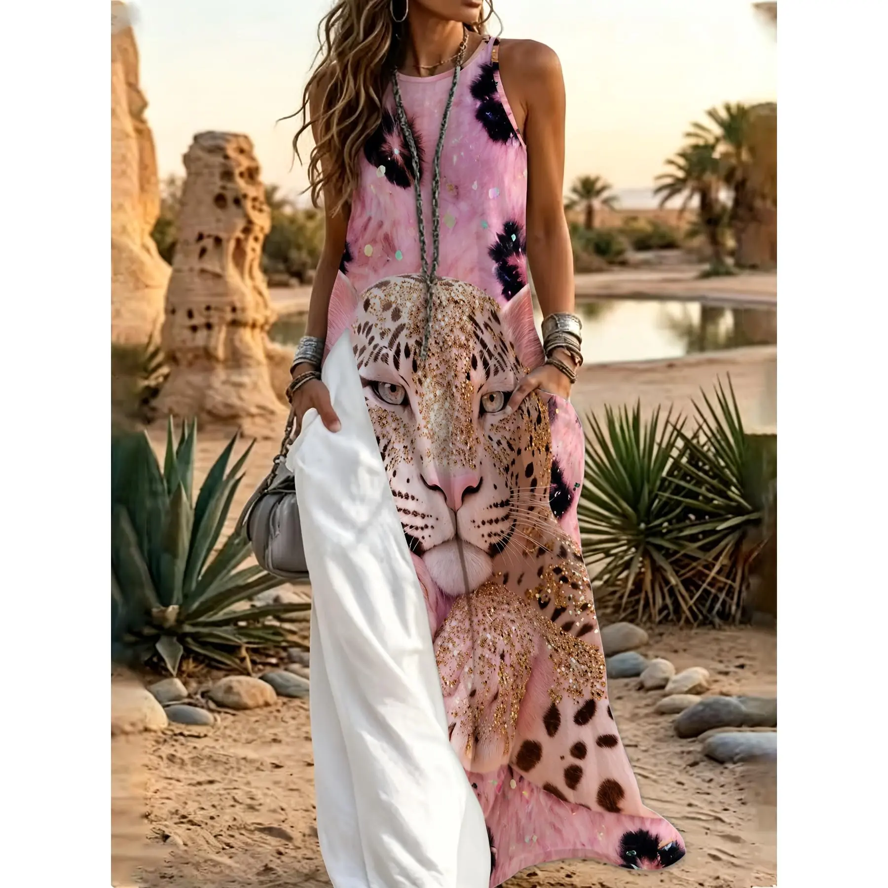 Y2K Sleeveless Long Dress, Pink Glitter Golden Leopard Head, Side Split Cool Street Travel Dress with Pockets