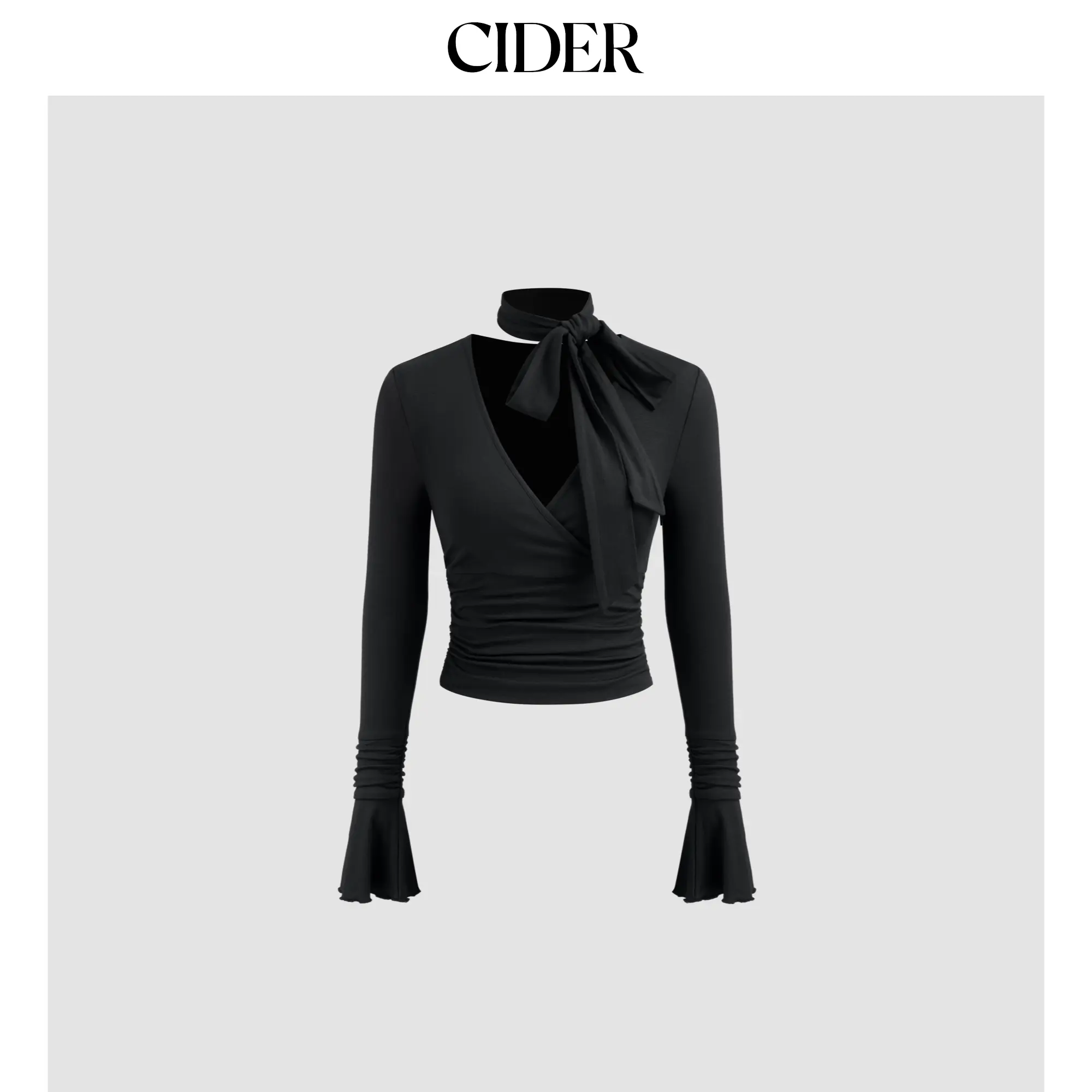 Cider [size 2-10] V-neck Solid Lettuce Trim Ruched Long Sleeve Top With Scarf SohoChic