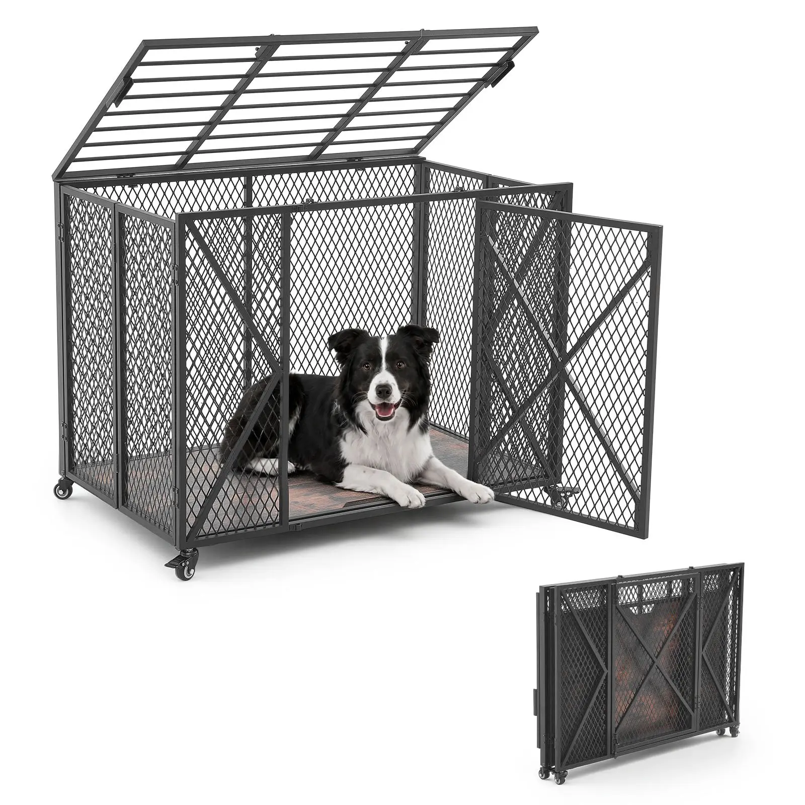 VEVOR 38 Inch Heavy Duty Dog Crate, Max Load 250 lbs, Foldable Indestructible Escape-Proof Dog Kennel Indoor for High Anxiety Small Medium Breeds, Steel Pet Cage with Double Doors Lockable Wheels