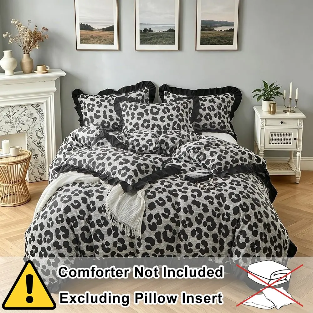 Leopard print ruffled border duvet cover set (2/3 set including 1 duvet cover + 1/2 pillowcase), Soft Bedding Sets, Breathable duvet set, comfortable soft fabric bedding, suitable for all seasons, bedrooms, guesthouses