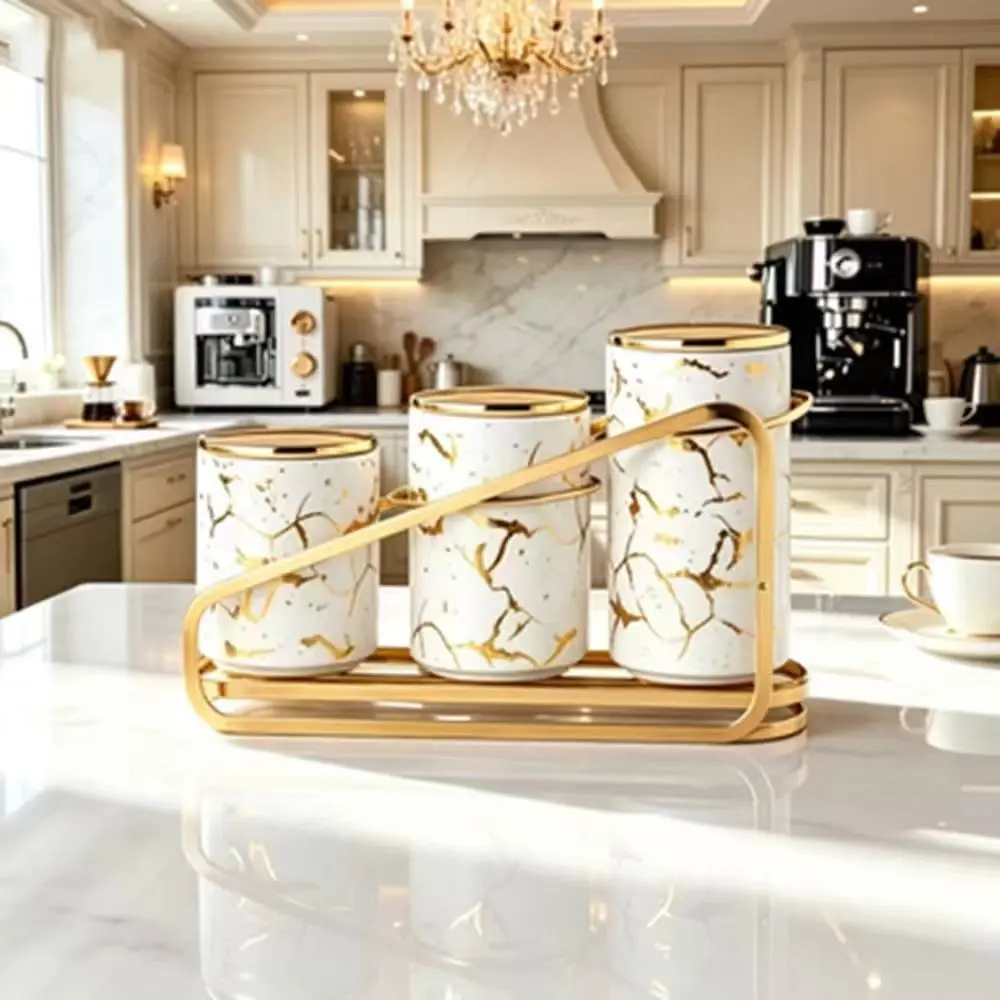 3-Piece Luxury Gold Pattern Ceramic Sealed Jar Set, Moisture-Proof Tea Coffee Container, Jewelry Storage, Perfect for Parties and Gifts