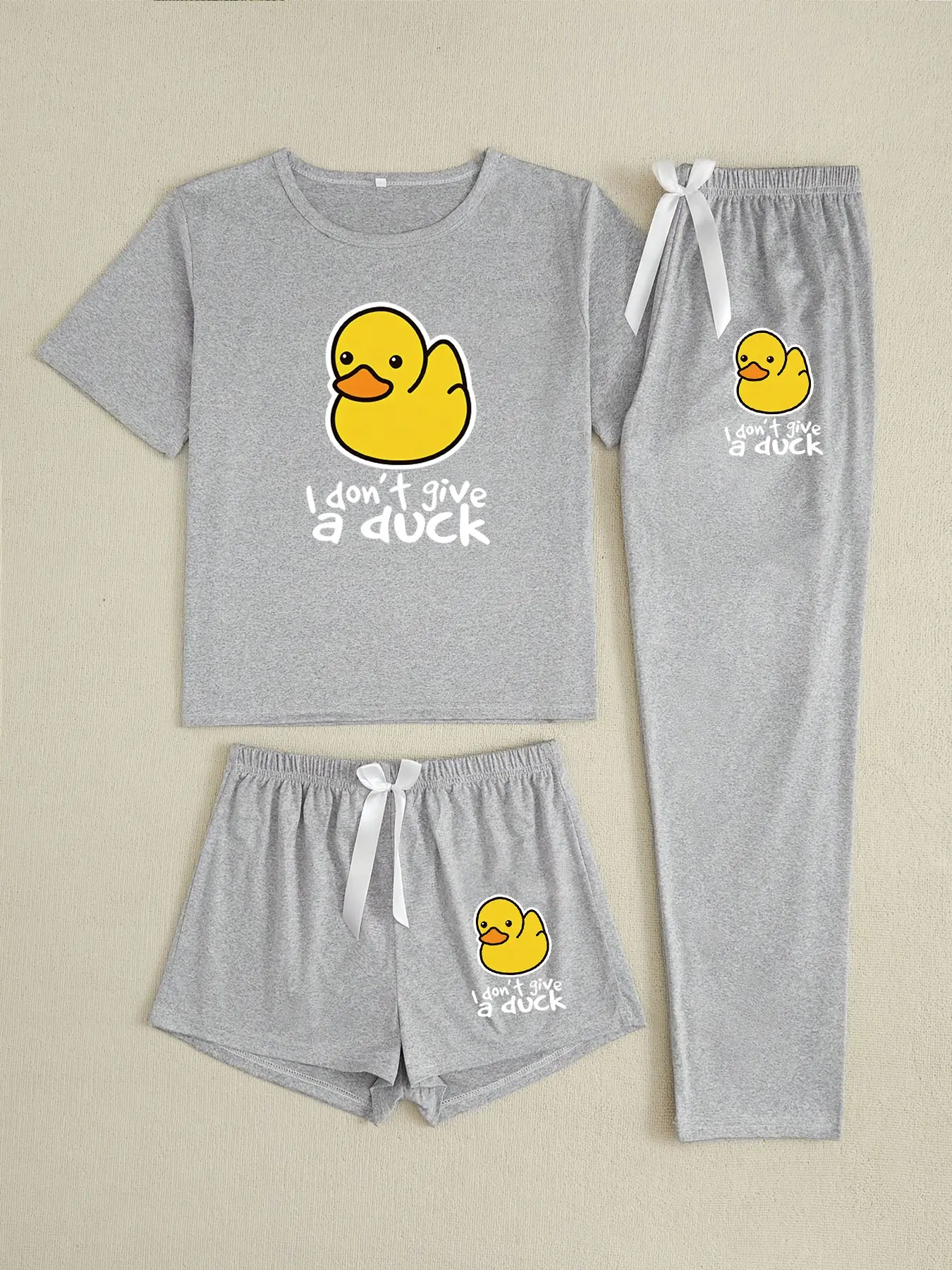 Three-Piece Pajama Set for Women, Cartoon Duck Print, Loose-Fitting, Casual Style, All Season Wear, Comfortable Sleepwear, Loungewear