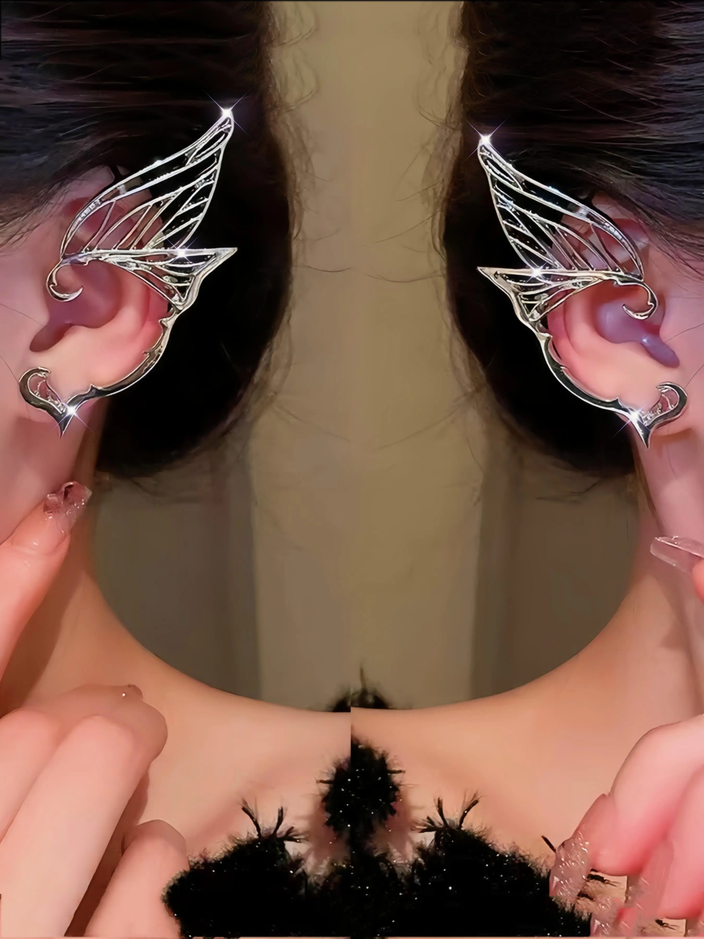 1 pair of light luxury butterfly wing ear clips with integrated ear studs, exquisite, fashionable, versatile and high-end elf ear hooks, suitable for ladies' daily parties as exquisite earrings, Shining Earrings