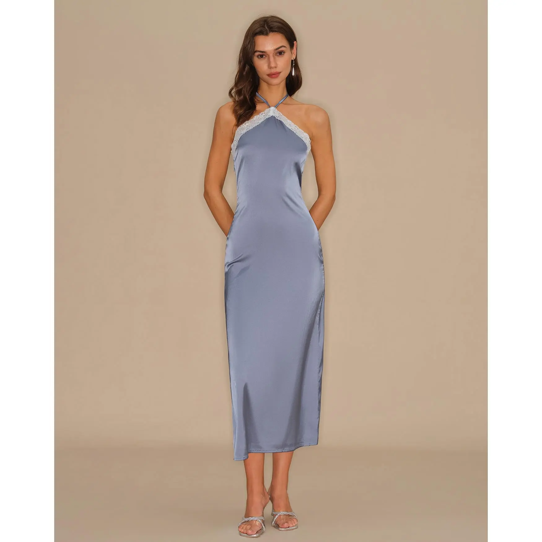 Blue Halter Lace Slip Midi Dress