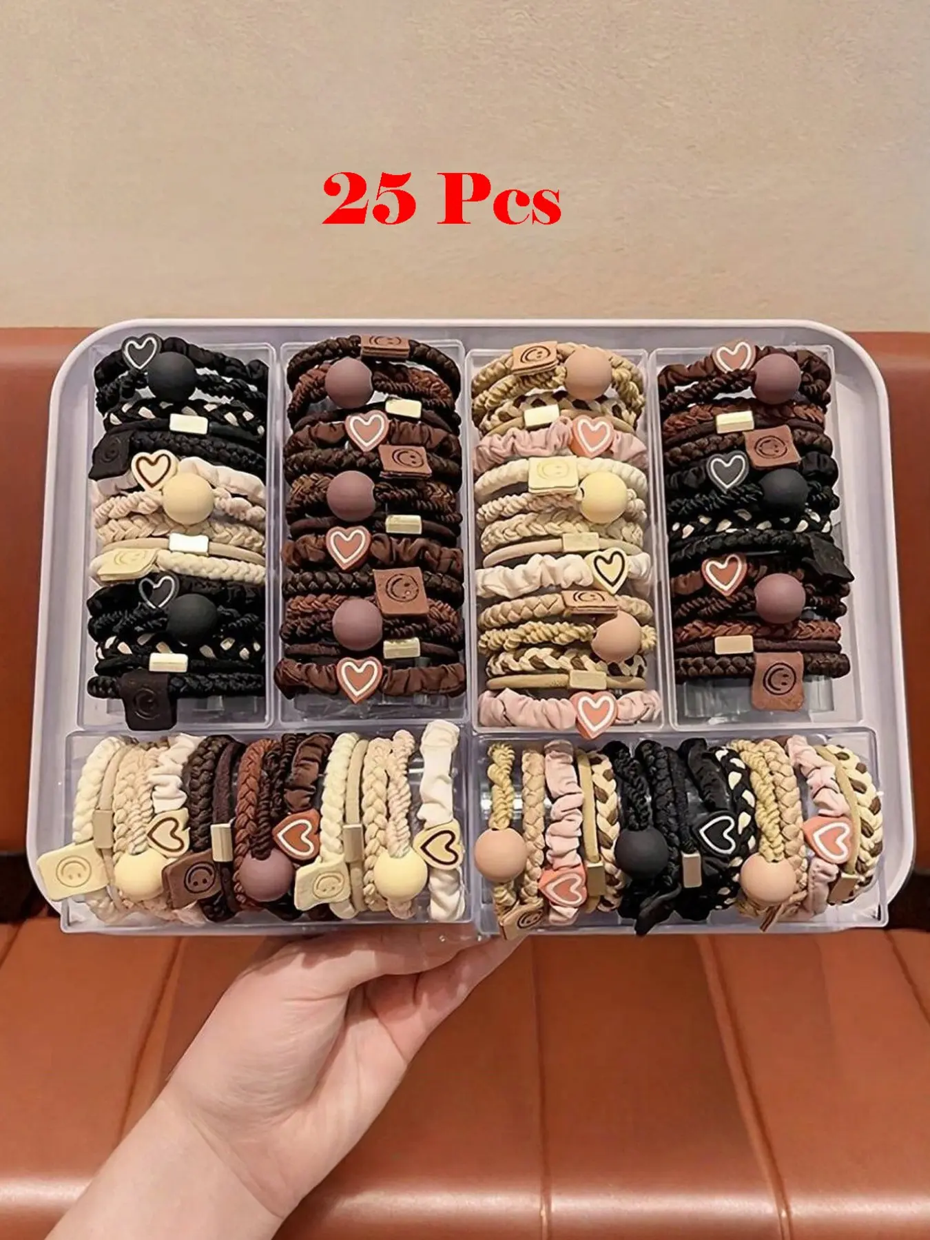 25pcs Boho Chic Women's Hair Tie Set - Bracelet Style, Gentle On All Hair Types, No Damage Hair Ties, Elastic Bands With Heart Charms & Beads, Perfect For Ponytails & Sports, Bohemian Style, Hair Ties, Fashionable Hair Accessories, Elastic Hair Accessory