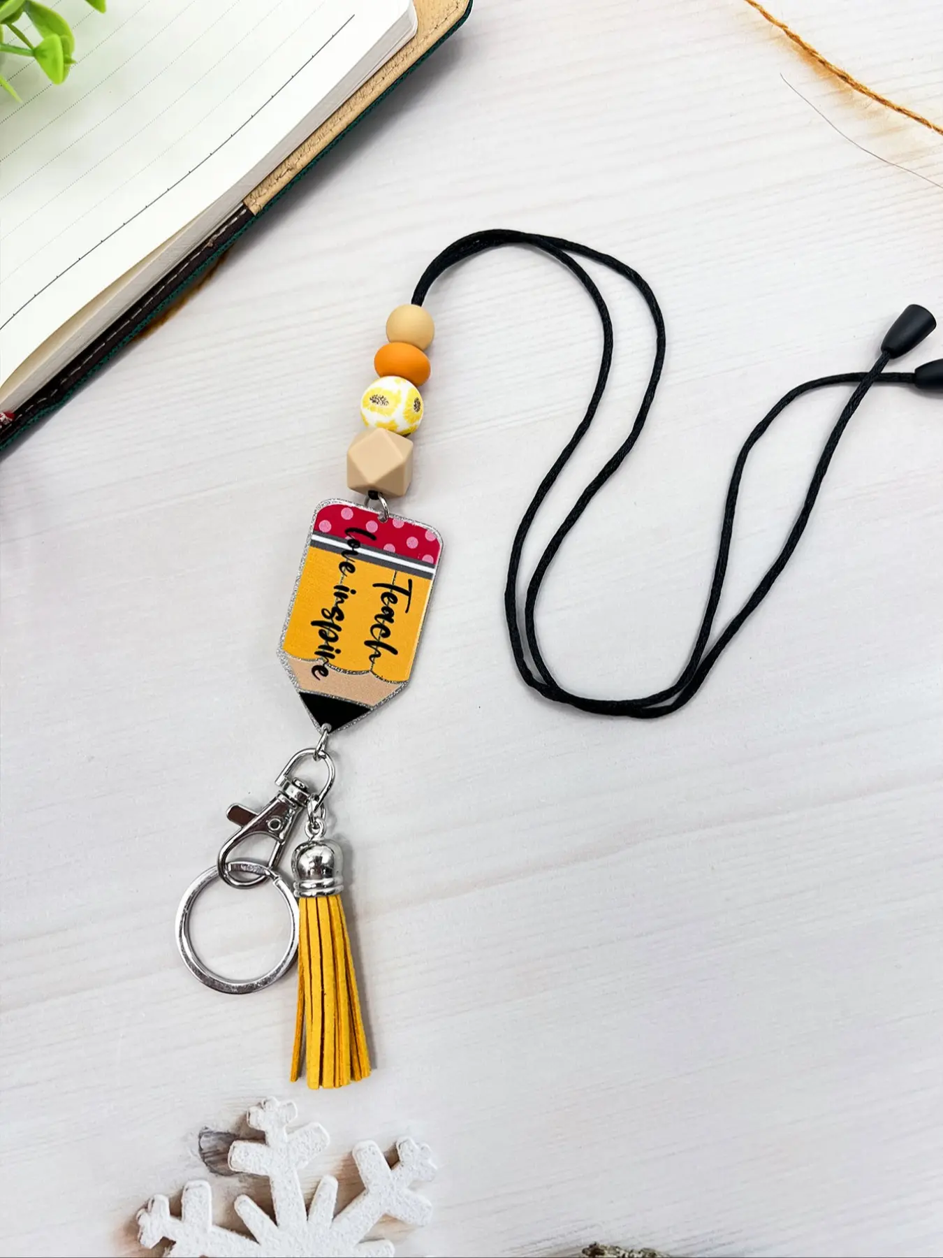 Acrylic Apple Pencil Charm Keychain Preppy Style with Tassels and Lanyard, Versatile Use, Perfect Teacher Gift, Essential School Supplies Accessory for Students & Teachers, Keychain Accessories
