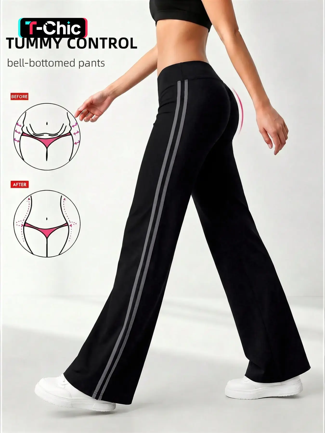 Black Tummy Control Flare High Rise Leggings Women High Waisted Bell Bottom Yoga Pants Side Stripe Slim Fit Bootcut Workout Trousers Butt Lifting Stretch Athletic Activewear Bottoms Casual Gym Running Lounge Fashion