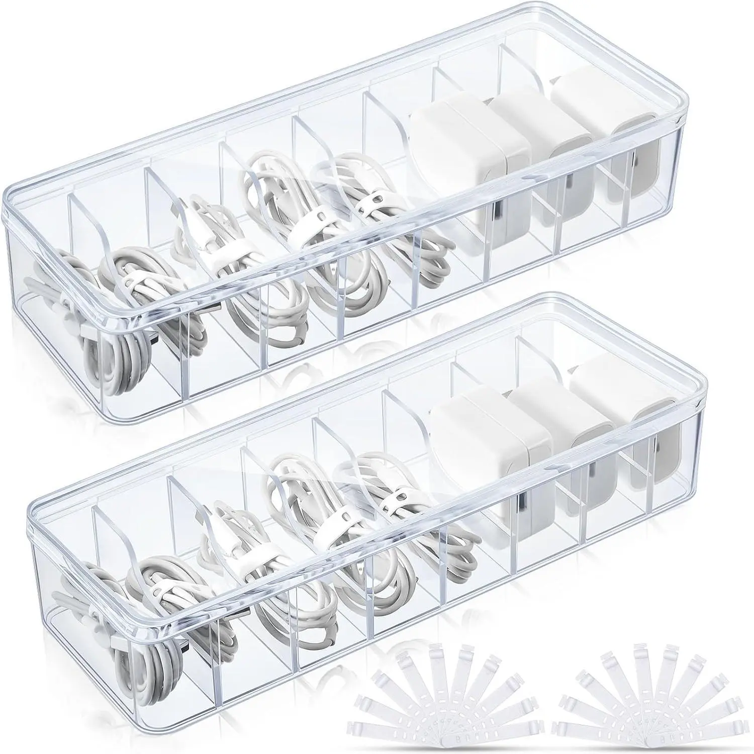 2 Pcs Cable Organizer Box with Wire Ties, Plastic Cord Storage Box with Lid, Electronics Organizer for Home Office Desk Organizers and Accessories (Clear)