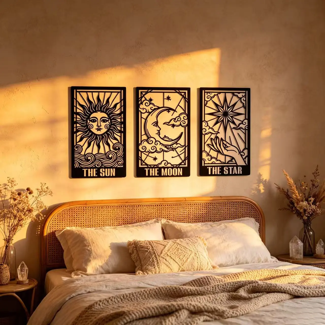 3 Piece Tarot Metal Wall Decor, Celestial Tarot Card Wall Art, Moon and Stars Vertical Decoration, Mystical Home Decor, Party Theme Decor