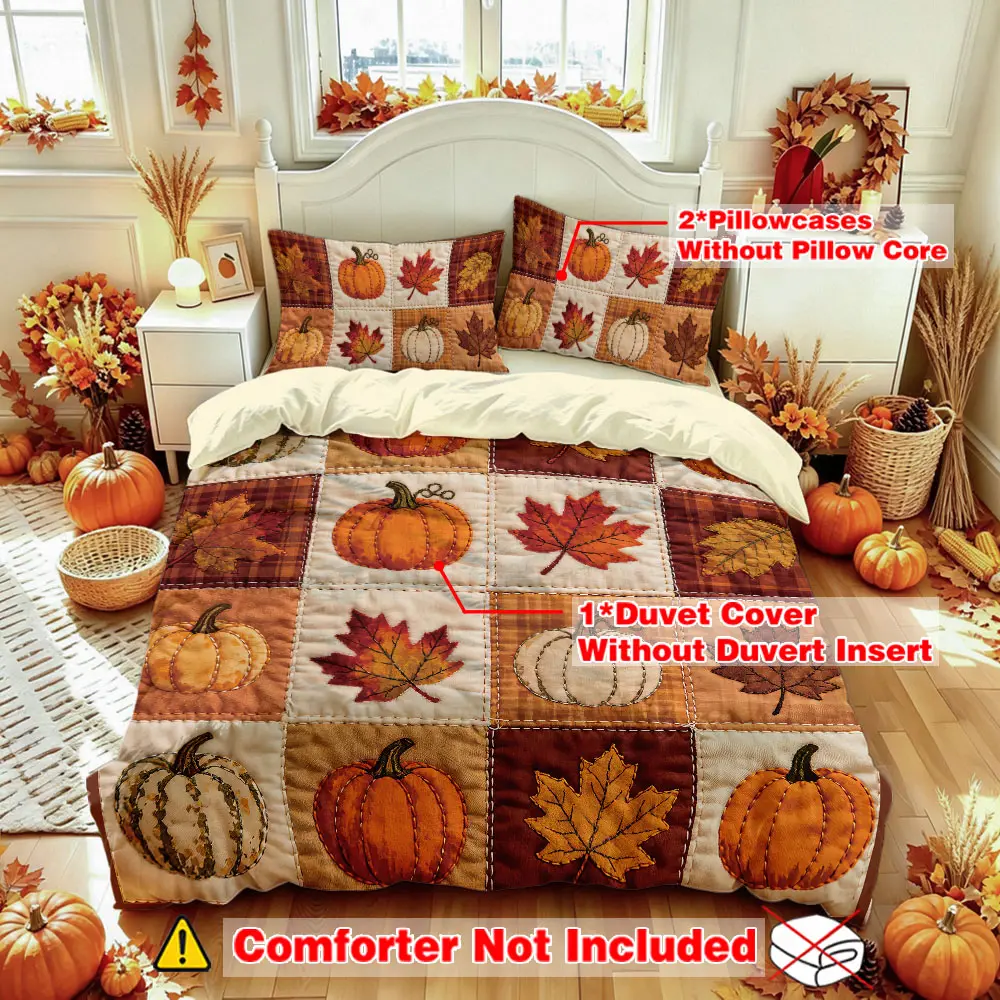 A set of 3 pieces (1 bedspread + 2 pillowcases, without a filling), featuring a pumpkin and maple leaf autumn-themed print. This soft and comfortable decorative bedding set is perfect for room decoration and can also be given as a gift