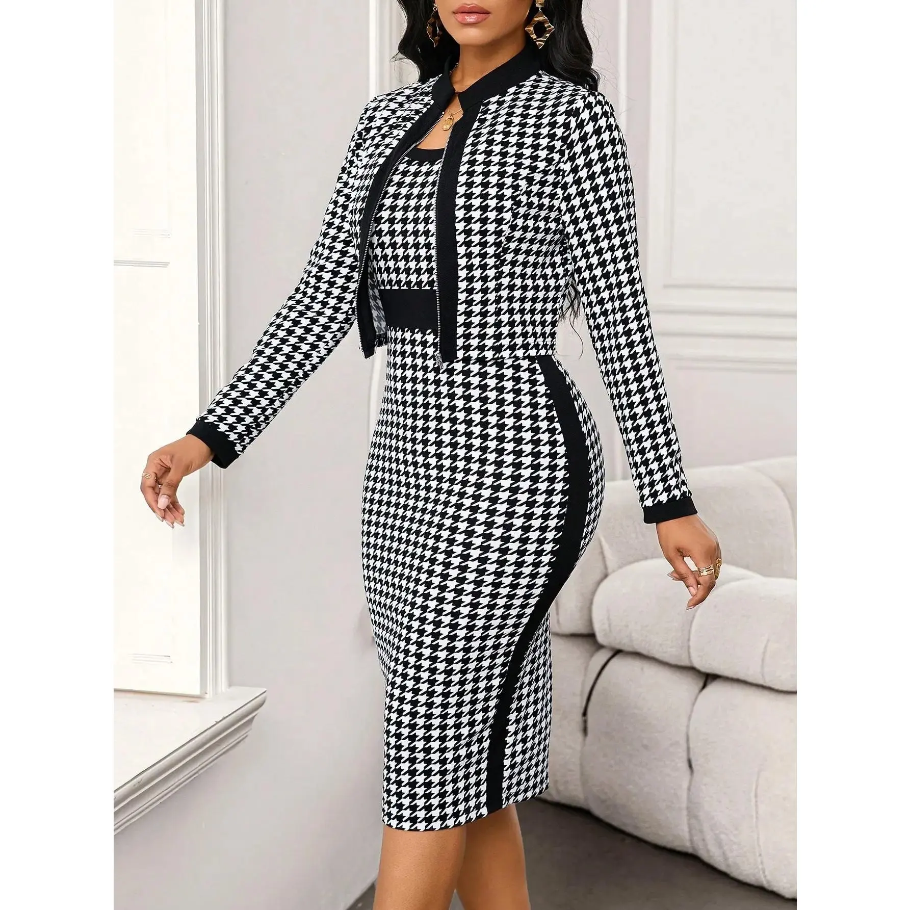 Black Houndstooth Pattern Short Jacket & Pencil Dress Set  Women's Business Work Party Outfit  Fall Women Clothes Casual Set  Business Casual Women Office Wear   Two Piece Outfits
