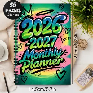A 2026 monthly planner notebook, a record book for office plans, perfect for school and personal planning. It includes monthly agendas and to-do lists, suitable for 2026 to 2027, featuring a colorful doodle-style monthly schedule organizer.