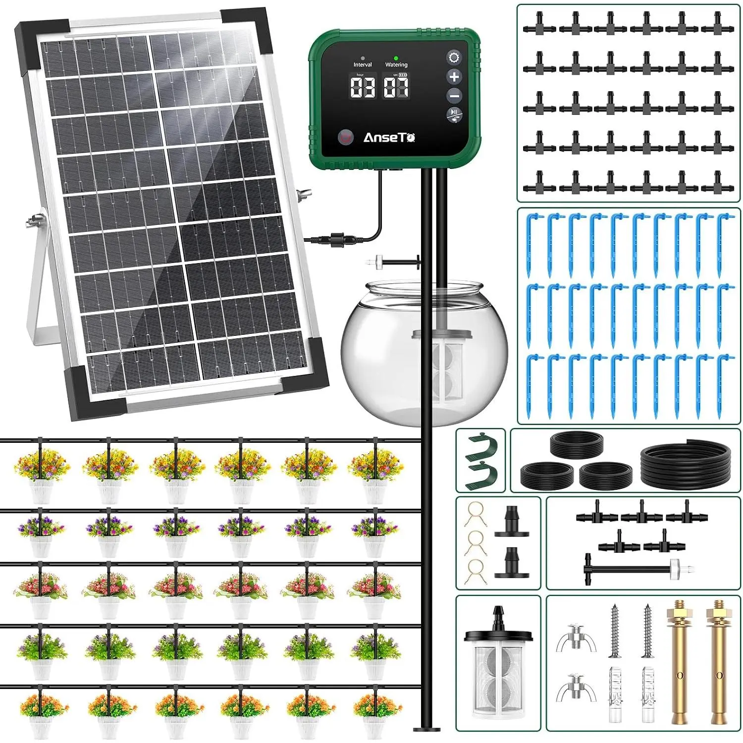 8W Solar Drip Irrigation System for Garden - DIY Automatic Watering Kit with 35m Drip Hose & 30 Emitters, Supports 30 Pots, Ideal for Greenhouse, Outdoor, Timer Compatible