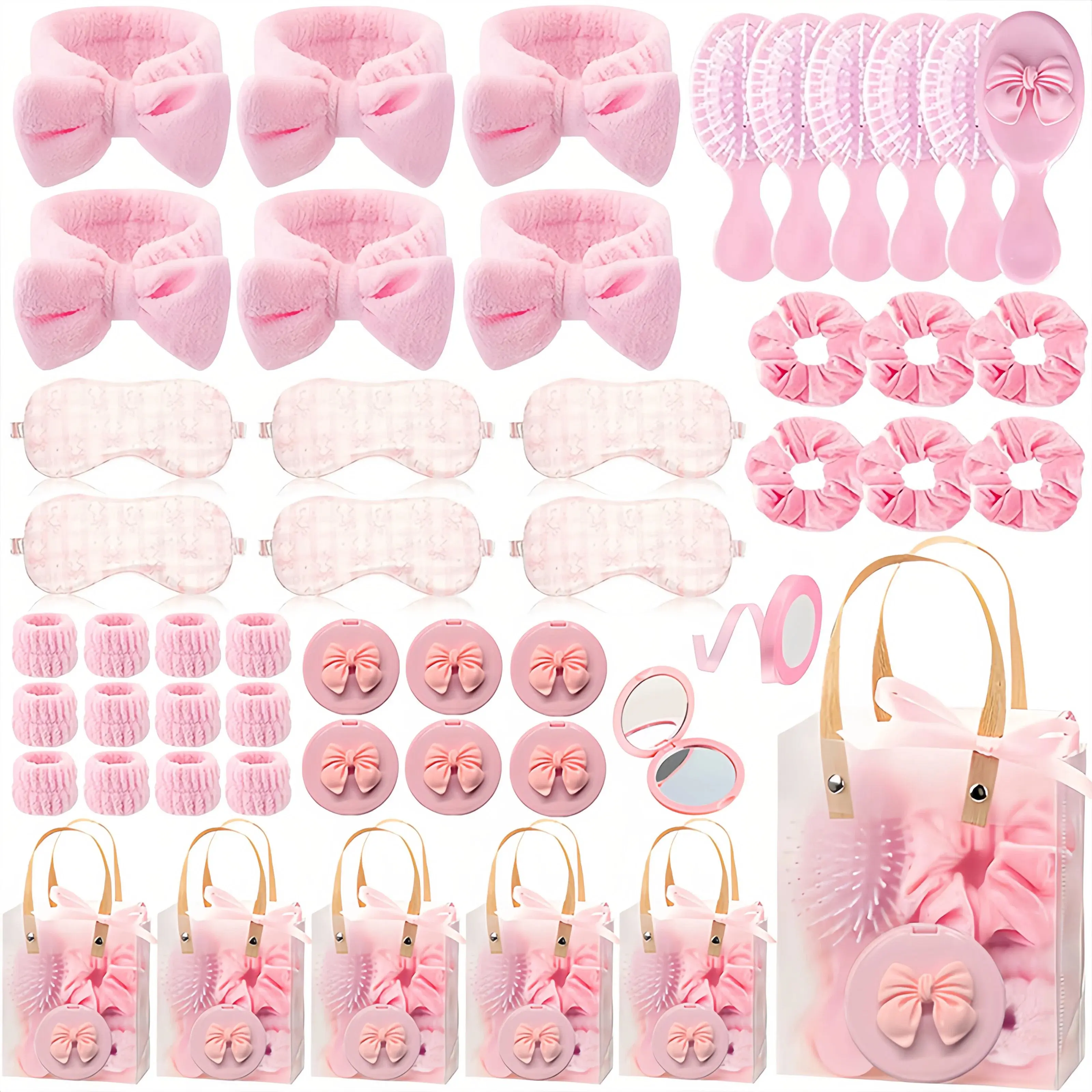 49-Piece Coral Fleece Fabric Spa Sleepover Party Supplies Kit for Children - Cute Accessories Include Sleep Eye Mask, Wristband, Scrunchie, Spa Headband, Mirror, Hair Comb, Gift Bags, Slumber Birthday Party Favors