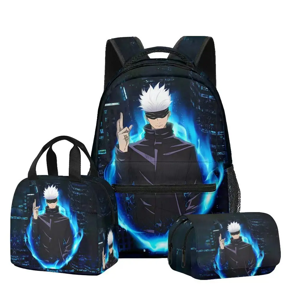 Jujutsu Kaisen Backpack Set, Anime 3 Piece Student School Bag with Pencil Case, Large Capacity Cartoon Travel Bag, Portable Handbag for Teens