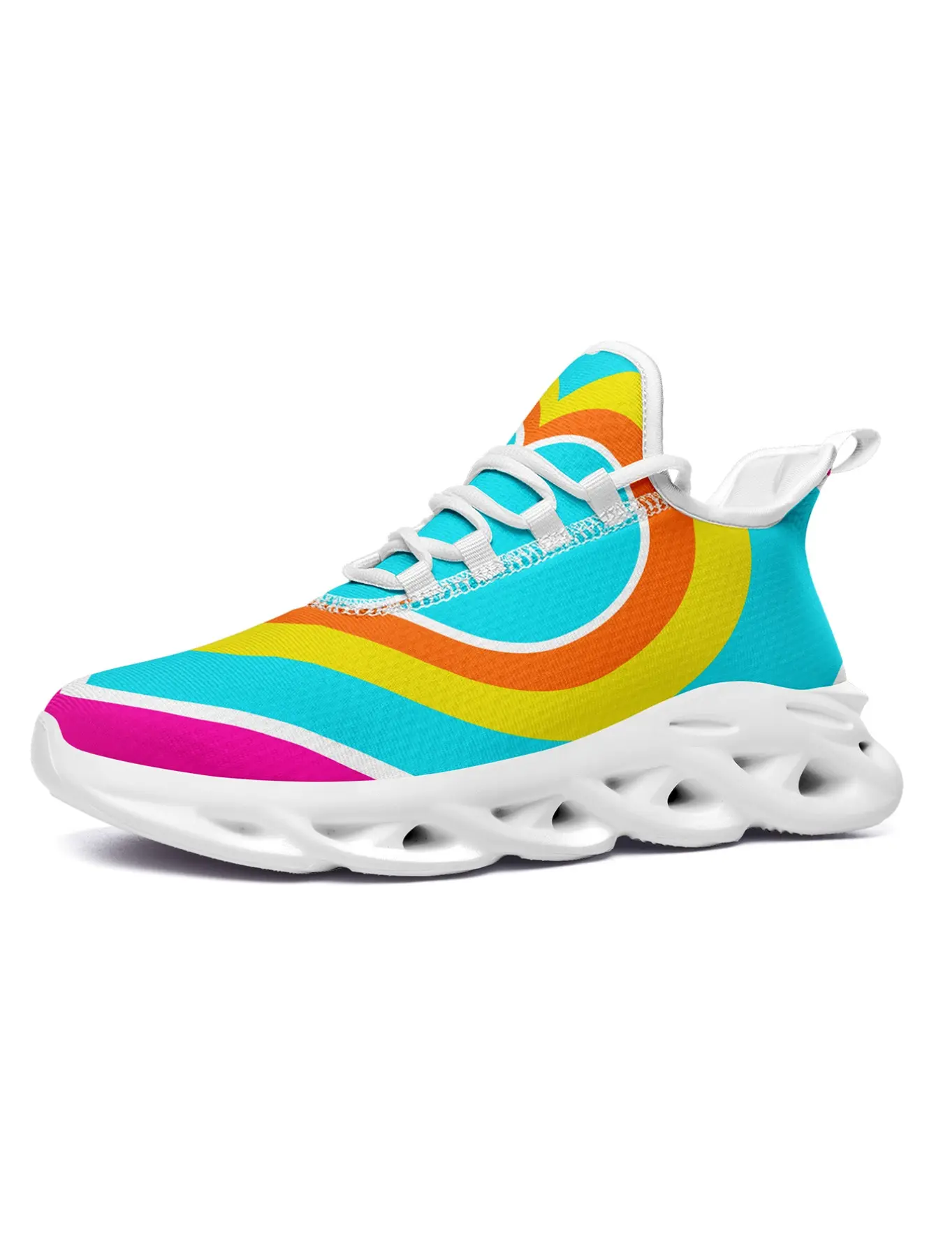 Men's Tropical Romance Shoes, Vibrant Cyan Orange Yellow Pink Wave Stripes Pattern Lightweight Knit Athletic Daily Sneakers