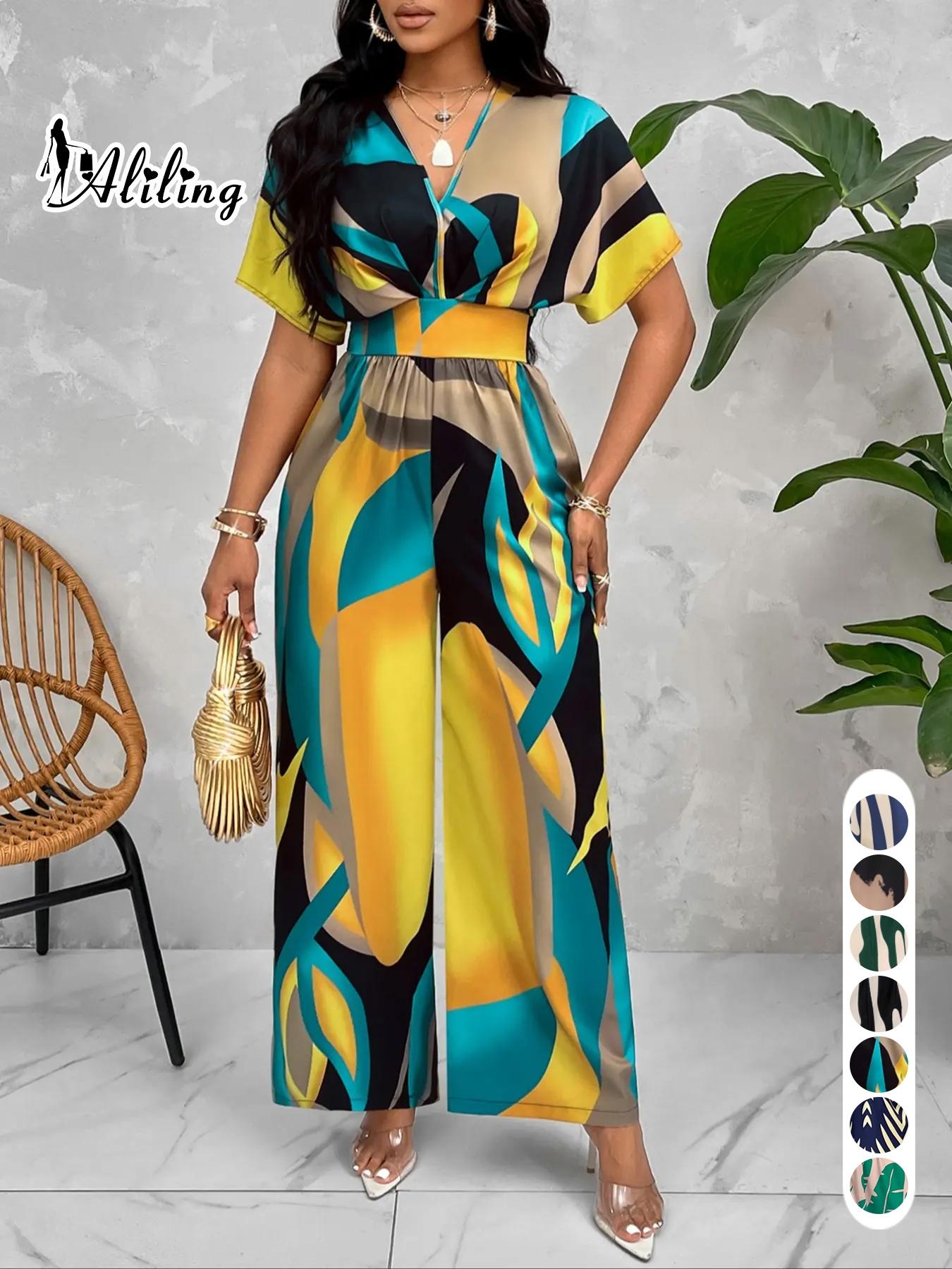 Women's Elegant Loose-Fit V Neck Short Sleeve Romper, Woven Fabric Wide Leg Pants, All Season Fashionable One-Piece Womenswear