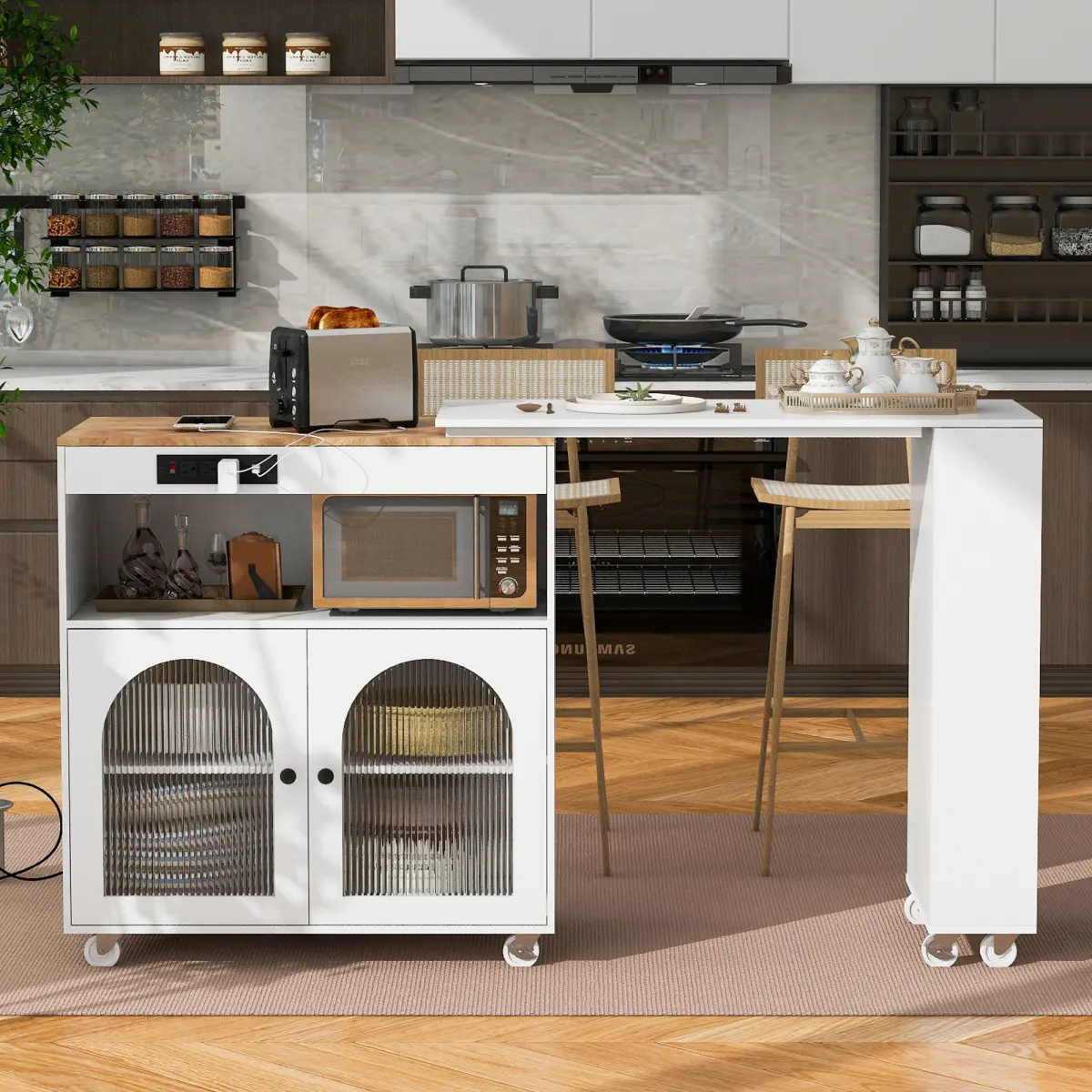 Dufominc   Kitchen Island on Wheels with LED Lighting and Power Outlets White Rolling Cart with Extended Table Fluted Glass Doors Storage Compartment and 3 Open Shelves Mobile Kitchen Station