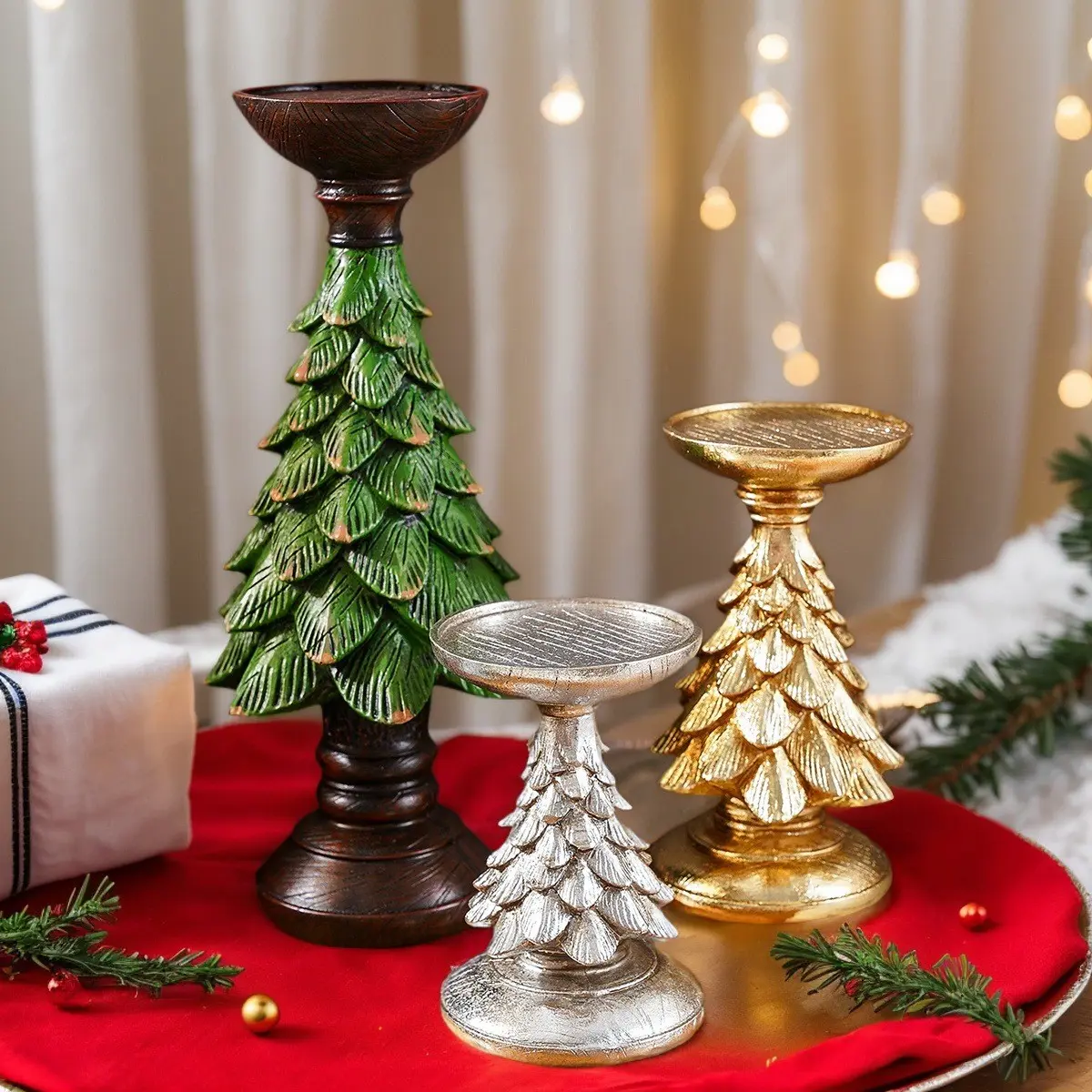 3pcs Christmas Tree Candle Holders, Resin Material, Vintage Wooden Base, Gold Silver Colors, Festive Home Decor