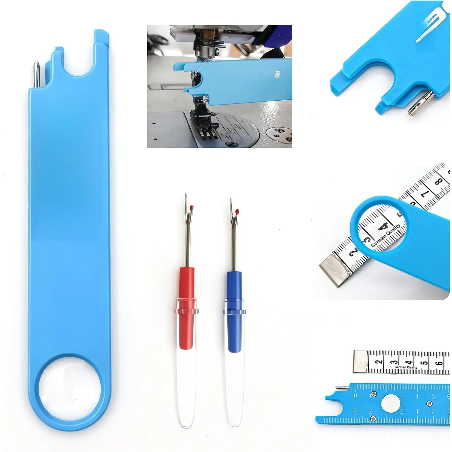 Quick Threader, suitable for sewing machines, three-in-one sewing accessory |       Three-in-one sewing tool, quick threading, equipped with 2 thread removers and a magnetic thread guide, suitable for sewing machines, tailors, and designers