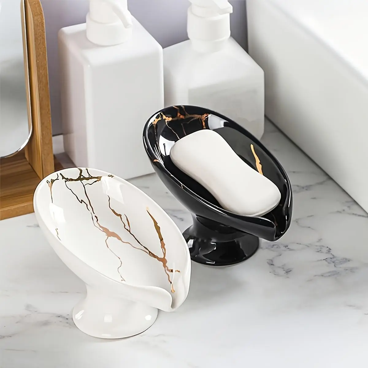 1pc ceramic self-draining soap rack Marble exterior Leaf-shaped soap dish Bathroom easy to clean keep soap dry Christmas, Christmas gifts