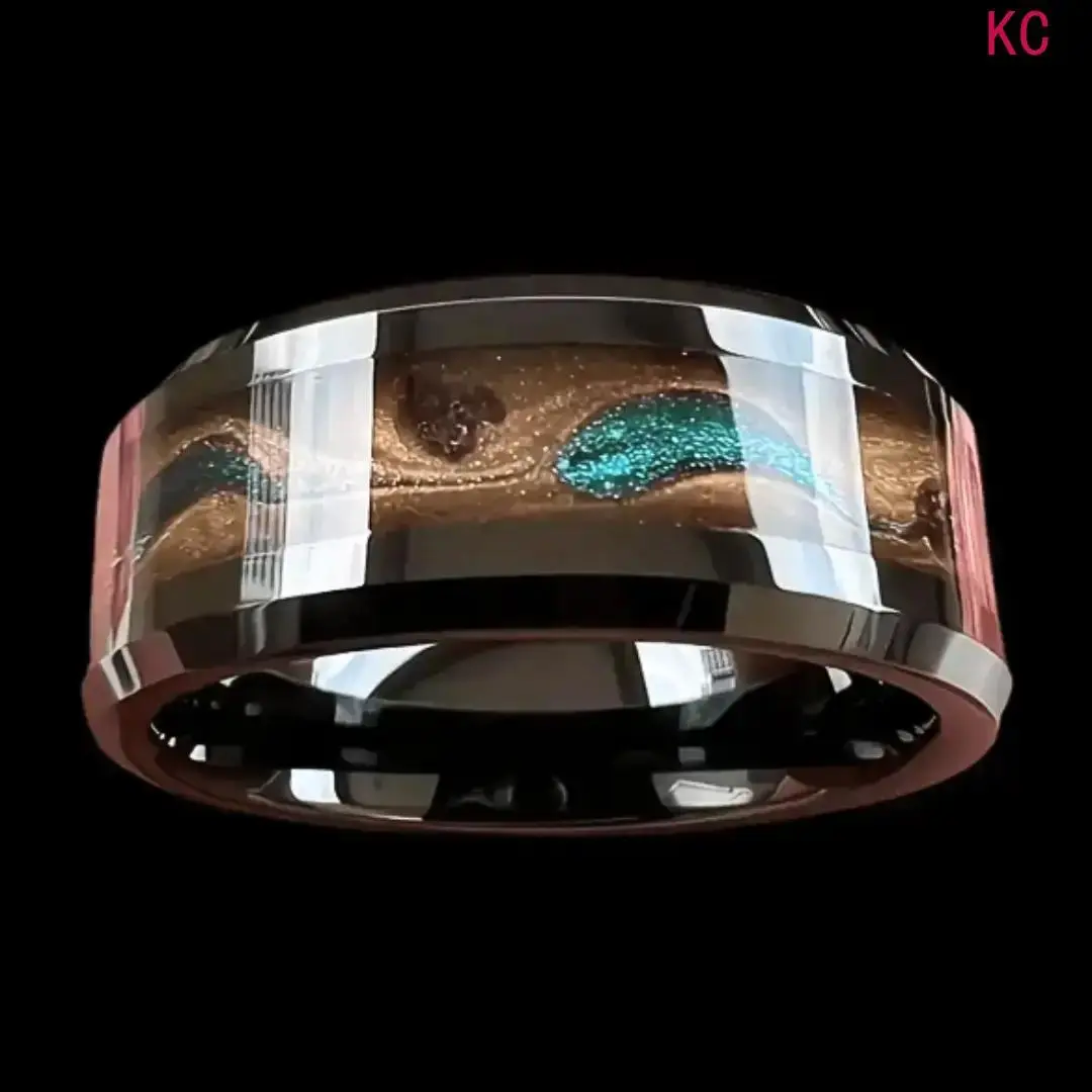 Men’s Black Stainless Steel Ring With Colorful Quicksand Inlay, Minimalist Modern Wedding Band Finger Jewelry For Daily Casual Wear And Matching Presents