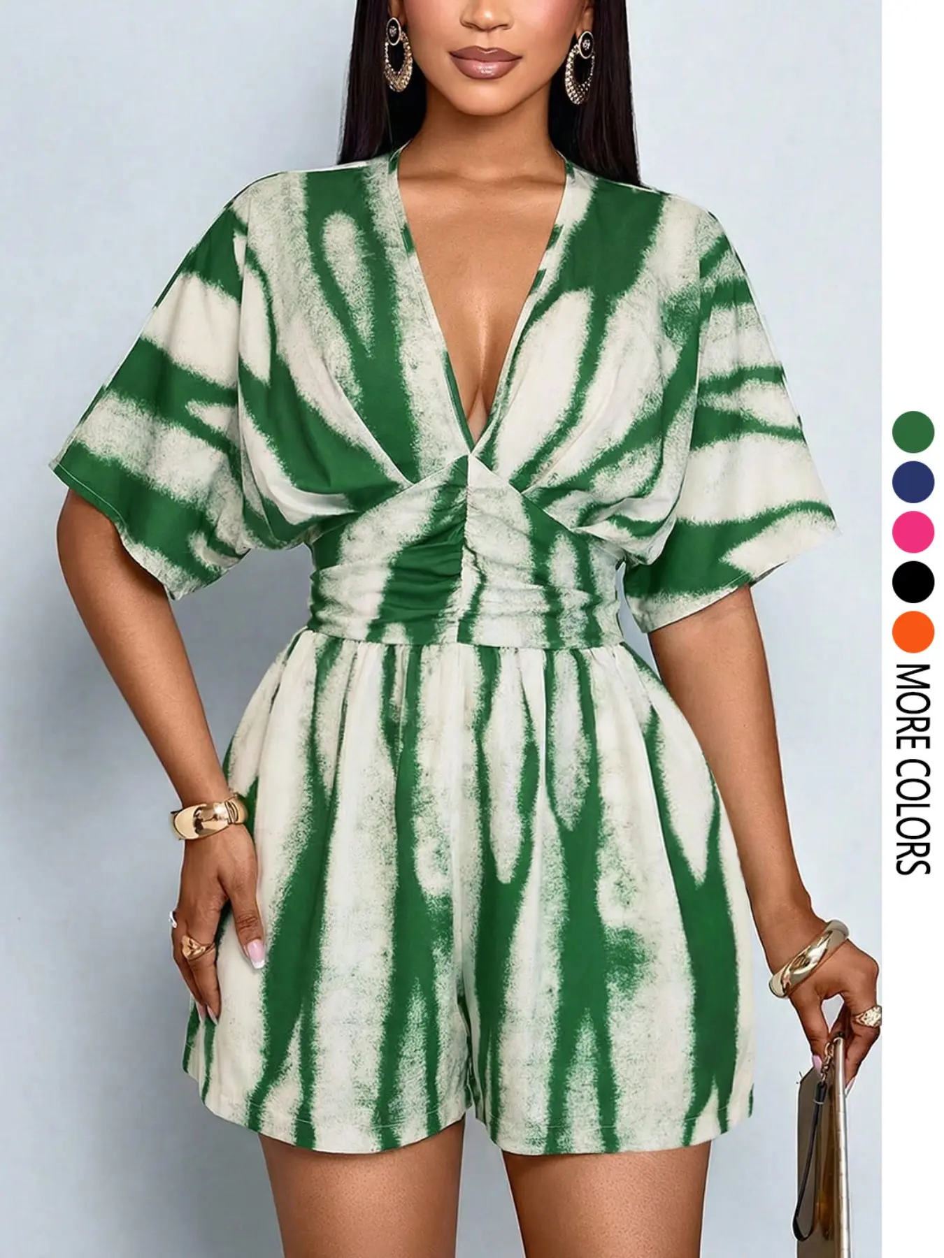 Women's Bohemian-style jumpsuit with butterfly sleeves and shorts features a sexy, fitted waist and tie-dye Print design, perfect for everyday wear and summer vacations.