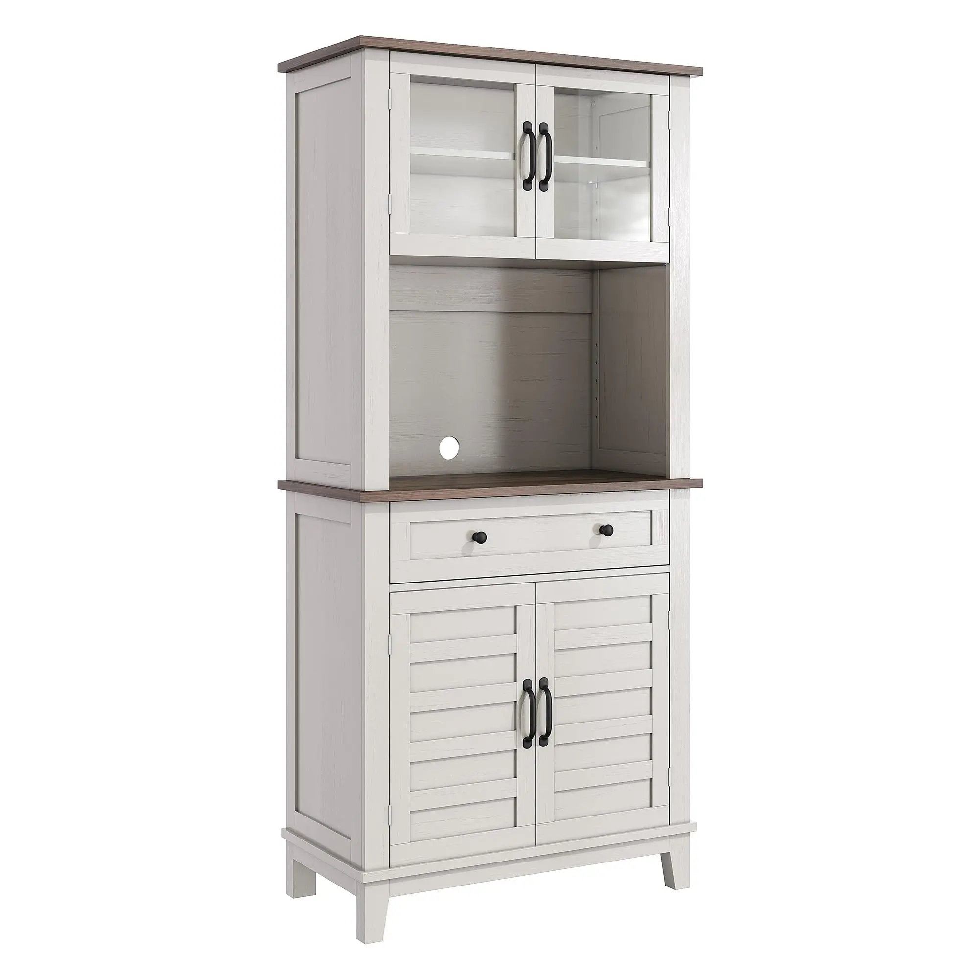 Garvee Kitchen Pantry, 183 cm Farmhouse Coffee Bar Table with Drawers and Glass Doors, Free-standing Cabinet for Kitchen, Dining Room (White, 80 x 183 x 40 cm (W x H x D)