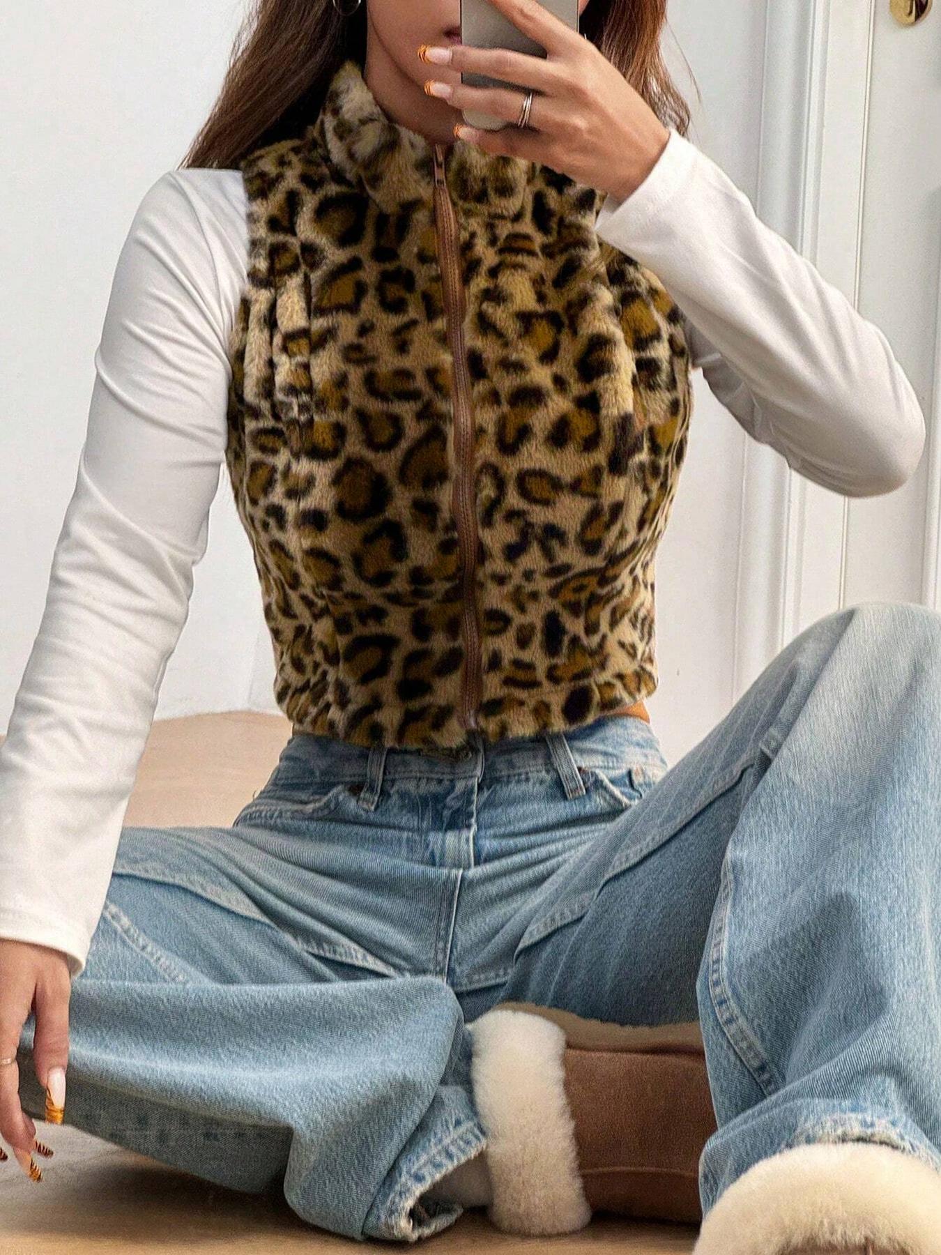 Women's Leopard Print Vest Jacket, Fashionable Layering Essential, Autumn Winter Versatile Piece, Casual & Formal Wear
