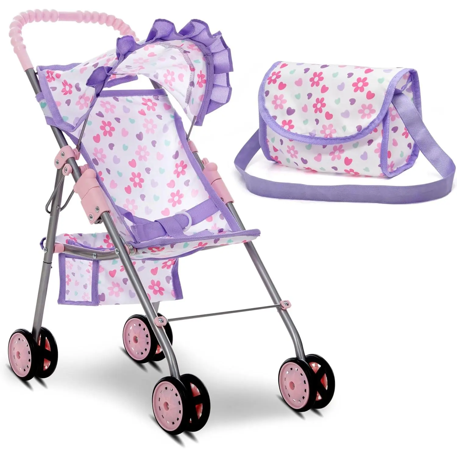 My First Baby Doll Stroller for Kids, Toddler Play Toy Doll Buggy Carriage Foldable with Canopy Storage Basket Travel Diaper Bag - Purple