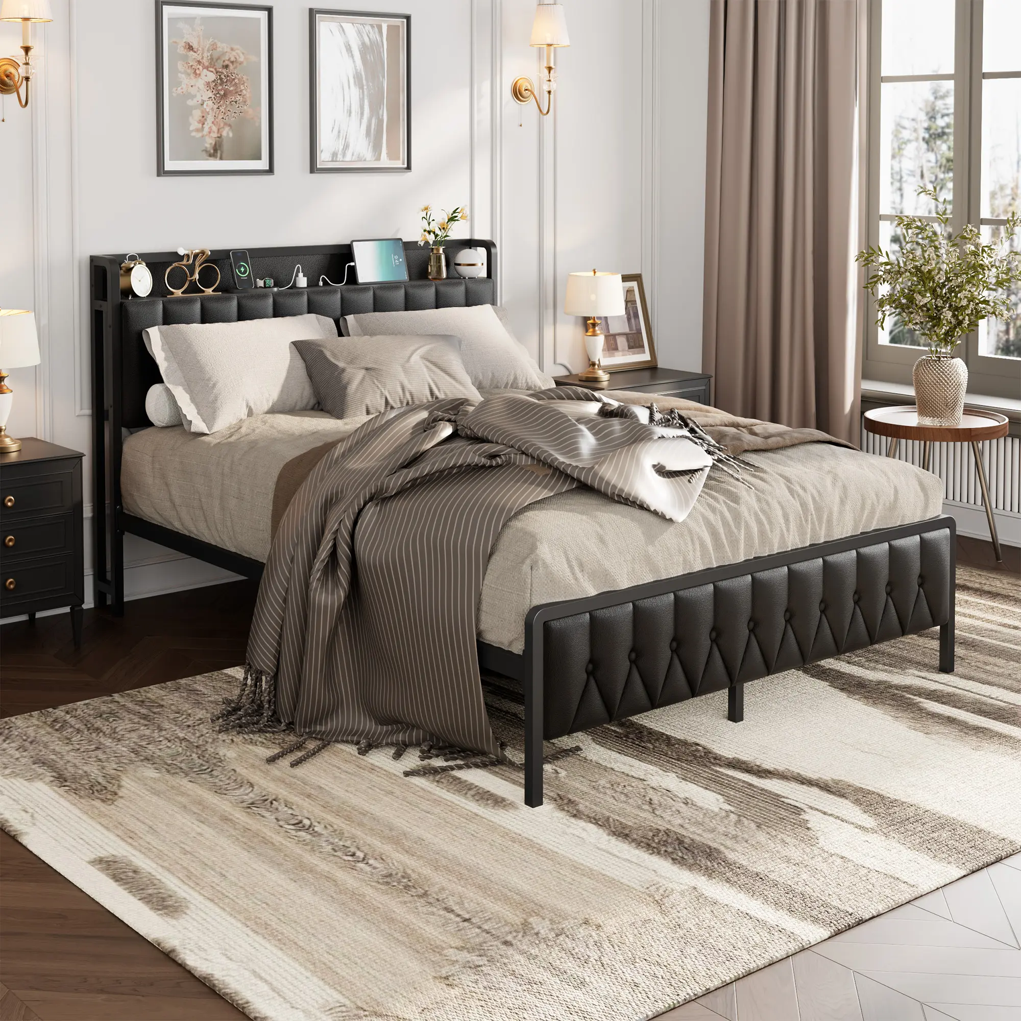 🛏️ Upholstered Platform Bed with Charging Station & 12" Storage – Tool-Free Assembly, Quiet & Sturdy for Main Bedrooms (3 Sizes)! ⚡✨