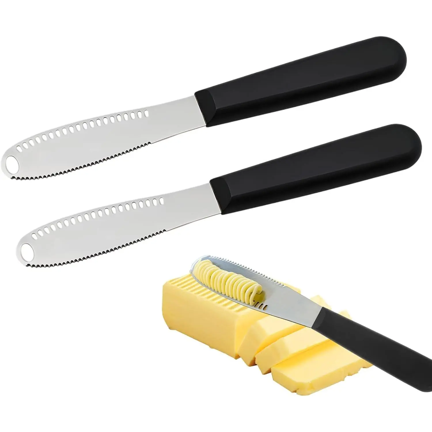 2 Pcs Butter Knife Spreader with Holes, 3 in 1 butter knife, butter curler knife, Butter Grater with Ergonomic Handle, stainless steel butter spreader for Butter, Cheese, Jam