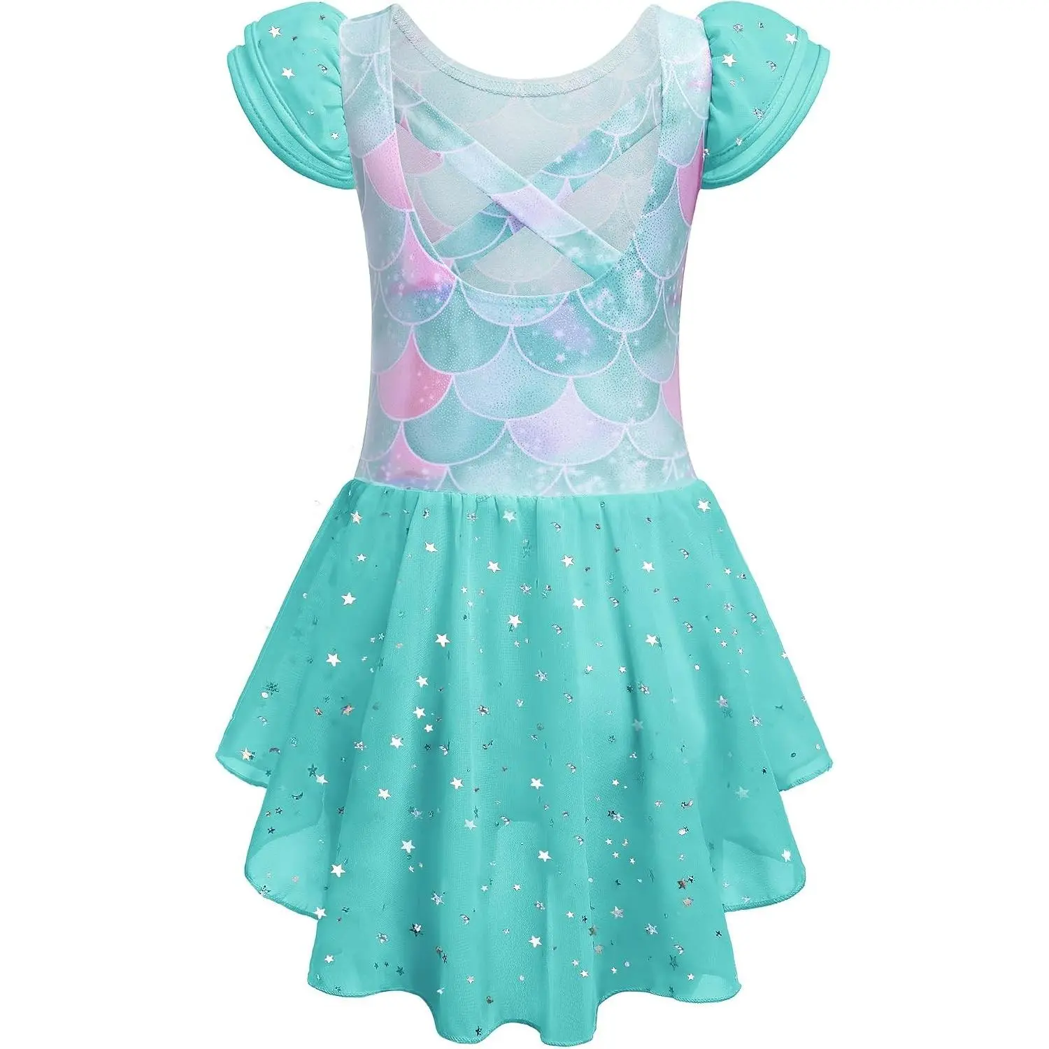 Girls Ruffle Sleeve Ballet Leotard with Skirt Criss-Cross Back Dance Dresses Outfit