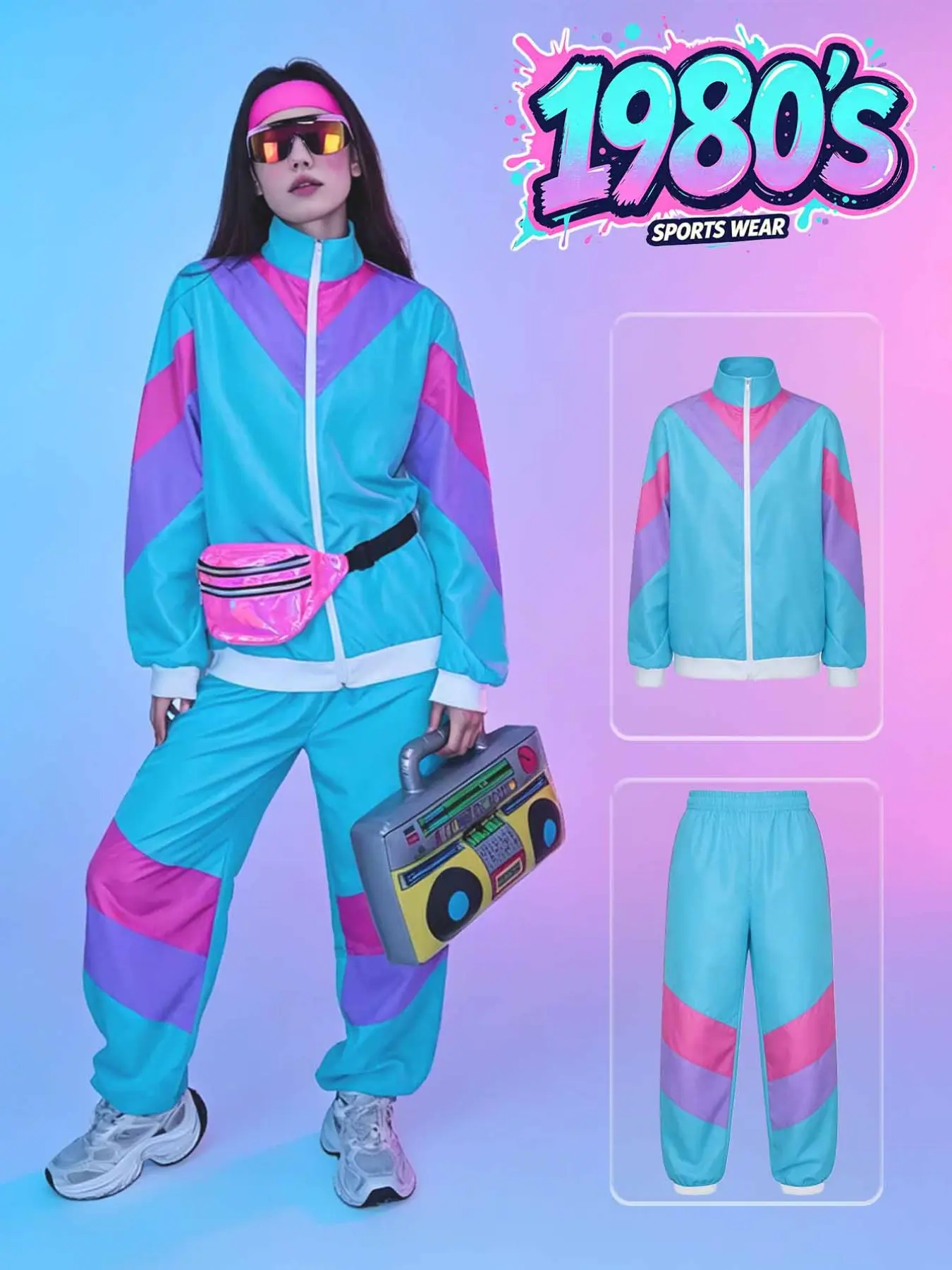 80s Retro Sports Suit Adult Neon Patchwork Disco, Cosplay Costume Set for Disco Parties, Halloween, Vintage Dance Events