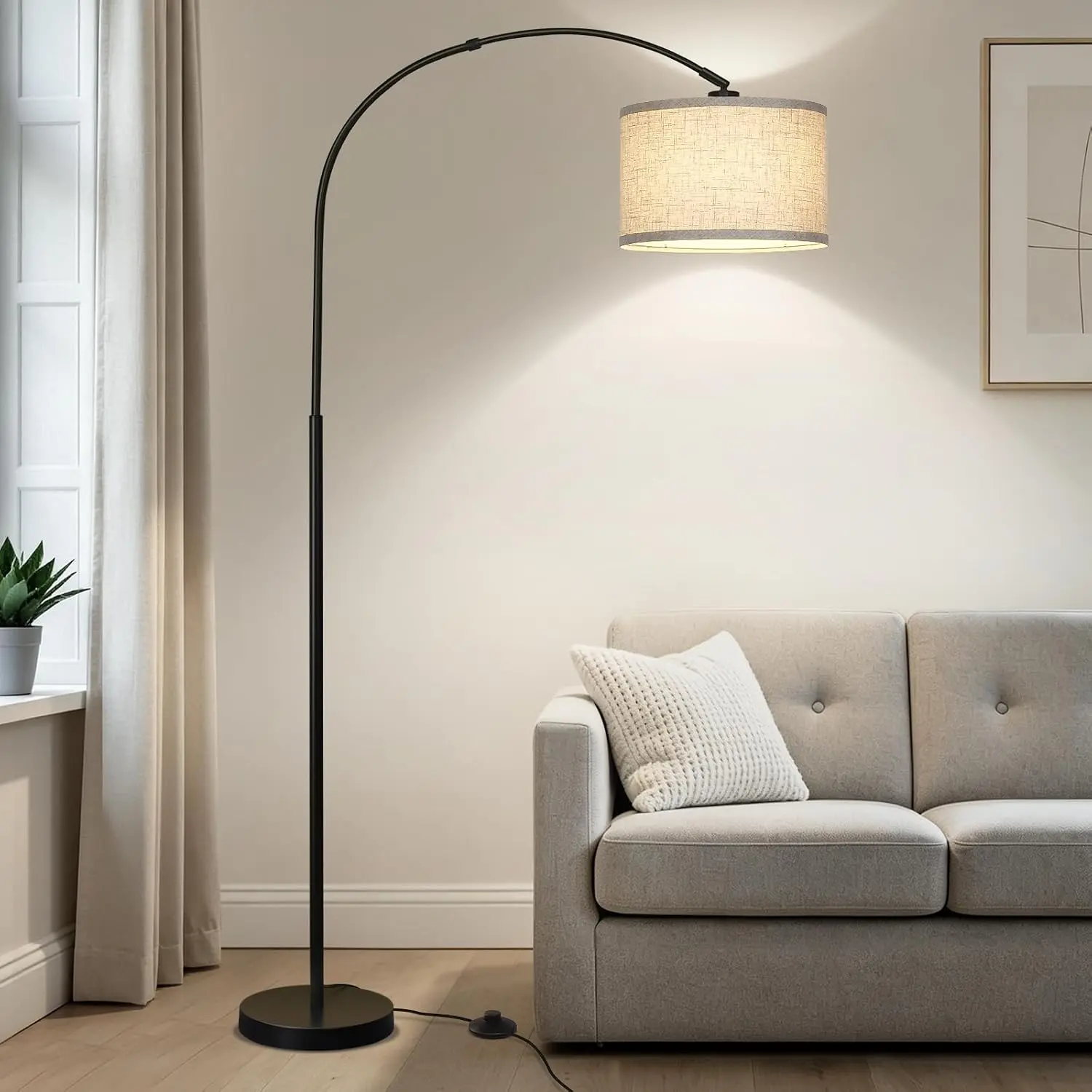Arc Floor Lamps for Living Room, Modern Standing Lamp with Adjustable Hanging Drum Shade, Tall Pole Lamp with Foot Switch, Over Couch Arched Reading Light for Bedroom, Office (Black)
