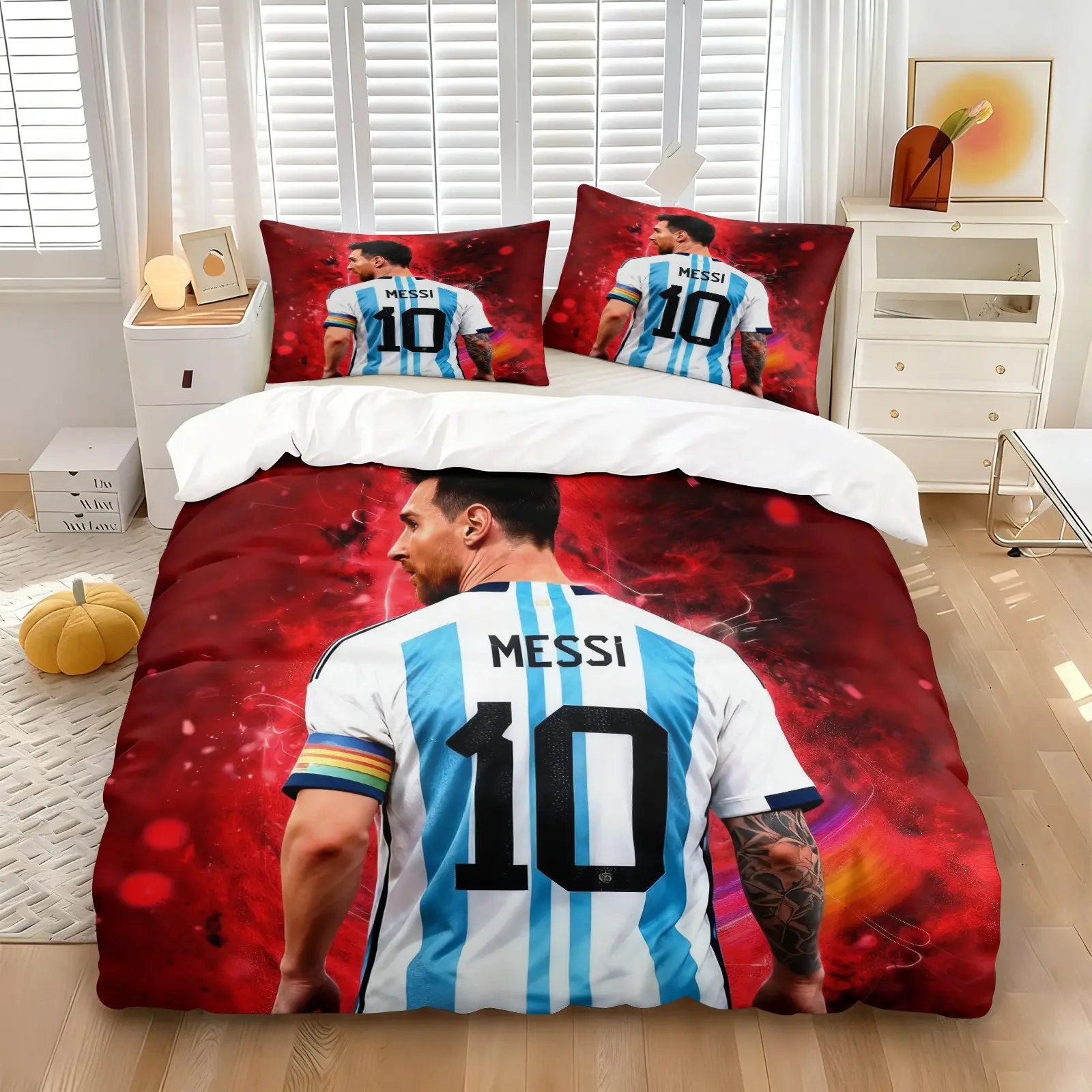Messi Argentina No.10 Football Star Duvet Cover Set, Includes 1 Duvet Cover + 1/2 Pillowcases, Soft Skin-Friendly Durable All Season Bedding, Perfect For Soccer Fans, Teen Boys & Sports Bedroom Decor