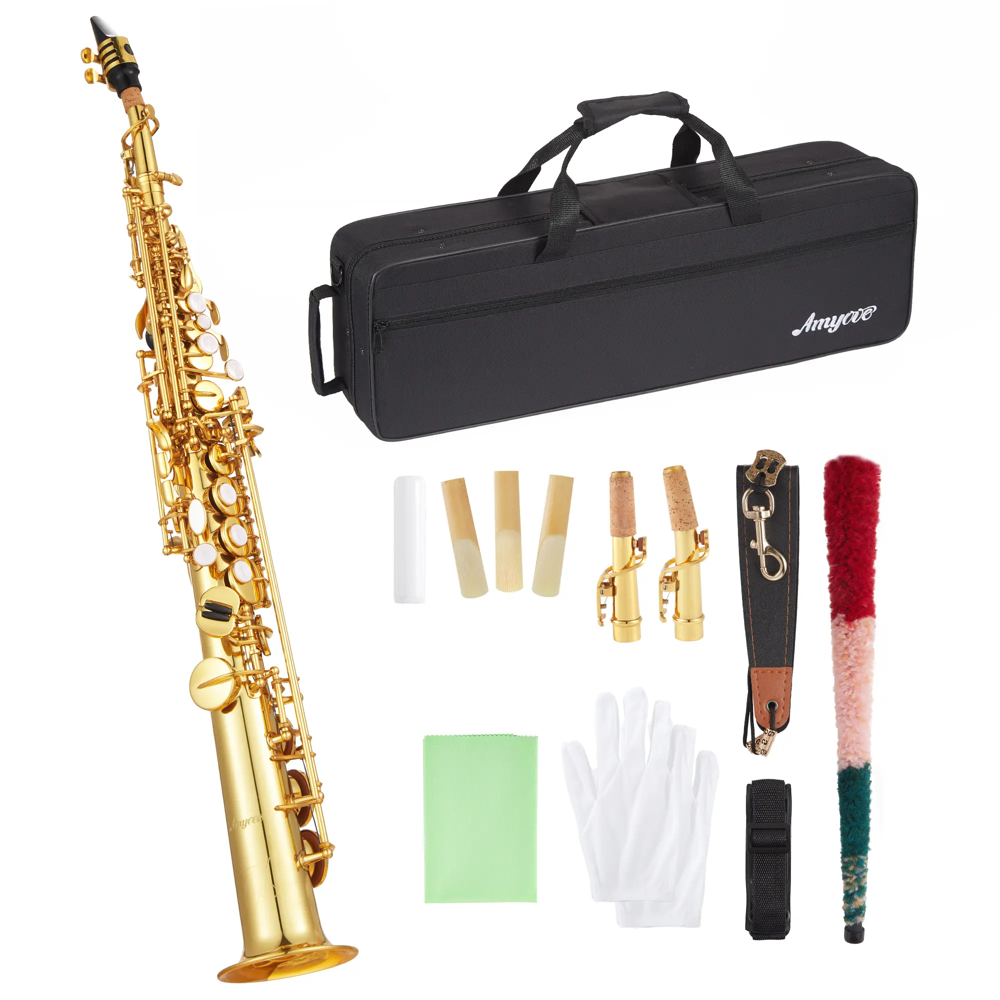 Bb Flat Soprano Saxophone Beginner Kit - Hand Engraved Gold Brass Woodwind Instrument with Complete Accessories & Protective Hard Case for Student Amateur Players