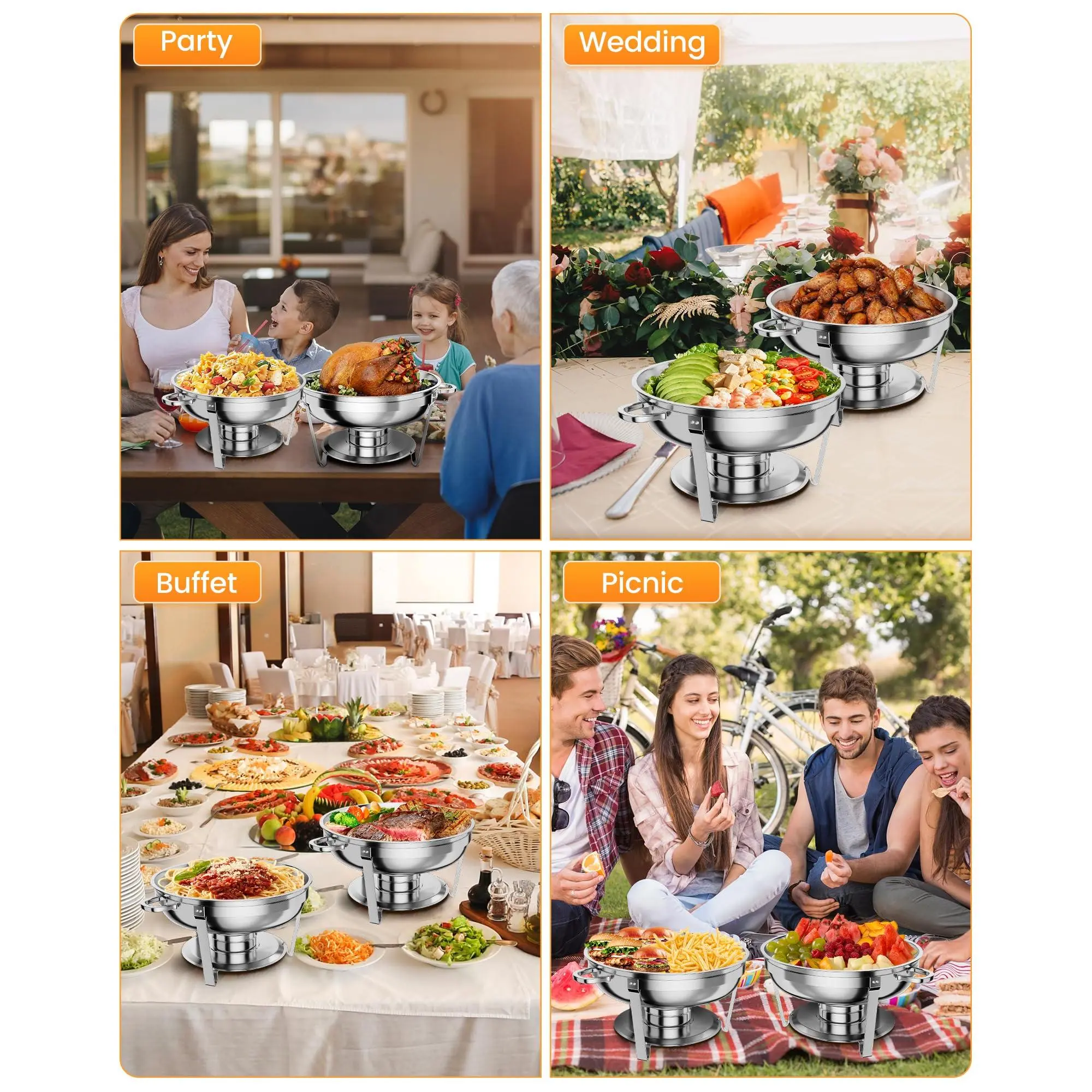 Stainless Steel Chafing Dish Buffet Set – 5QT Round Food Warmer Servers with Lid Holders, Spoons, Tweezers – Ideal for Parties, Catering, Weddings, Events – Portable Warming Trays – 4/6 Pack Options